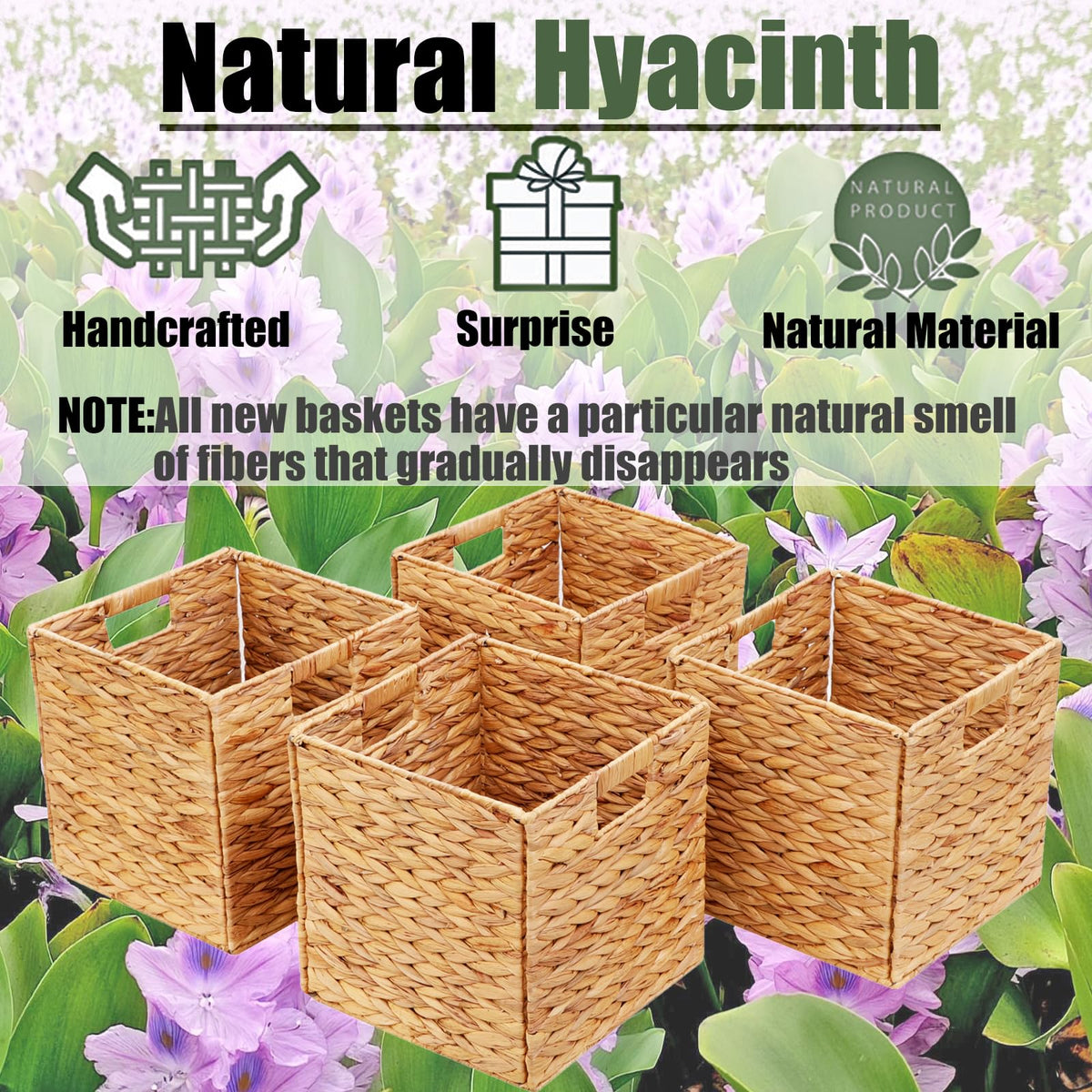11x11in Storage Baskets 4 Pcs Square Baskets for Cube Shelf,Foldable Handwoven Water Hyacinth Storage Bins for Laundry Organizer