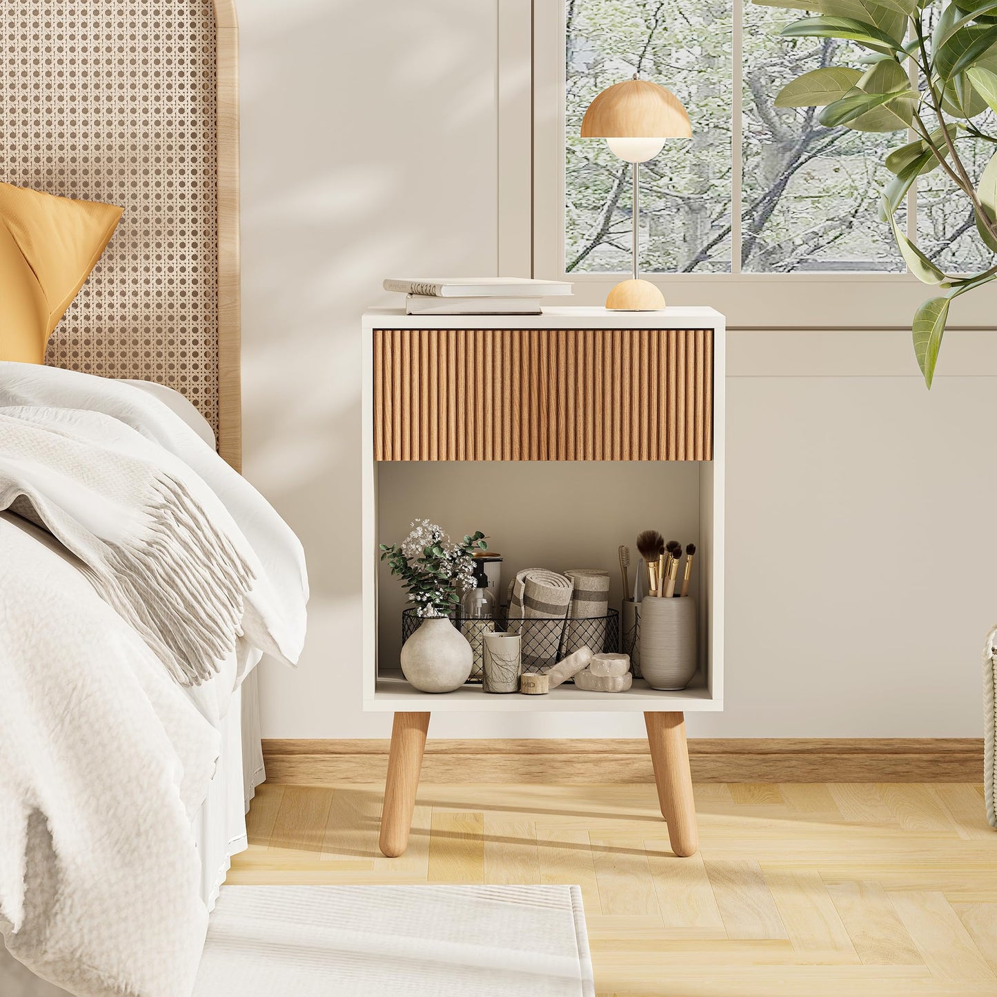 Fluted Nightstand, Modern Bedside Table with Storage Drawers and Open Wood Shelf, Night Stand with Solid Wood Legs, End Tables Side Tables for Living Room, Bedroom