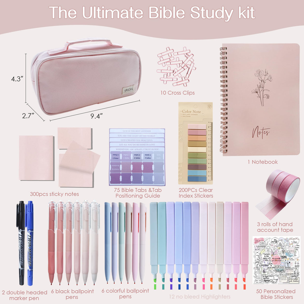 J6&H6 170Pcs Complete Bible Study Supplies Journaling Kit with Tabs, Highlighters and Color Pens, Notebook,Stickers & More Bible Accessories Set for Women, Beginner Christian Gifts(Pink)