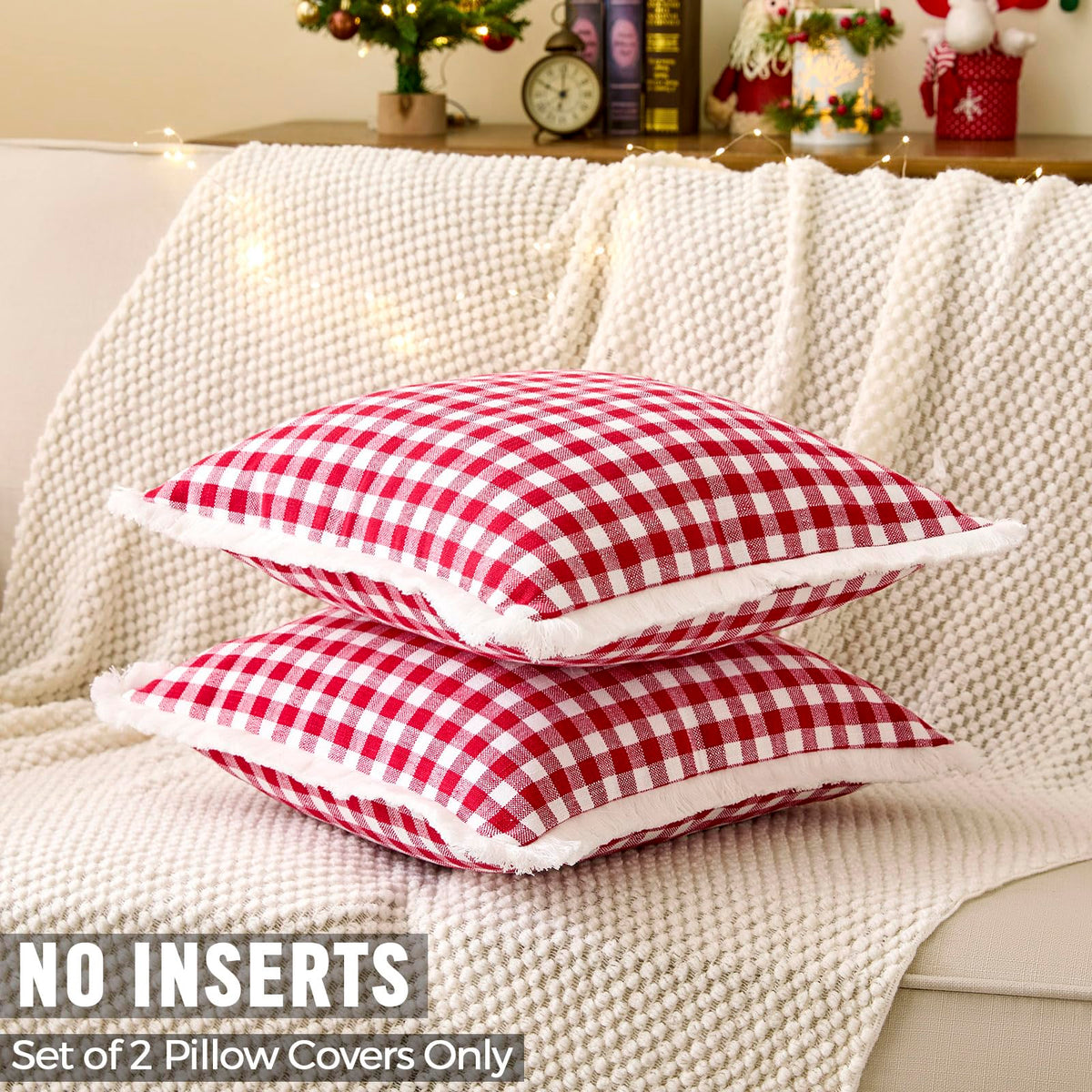 12x20 Red and White Christmas Plaid Gingham Lumbar Pillow Covers Set of 2