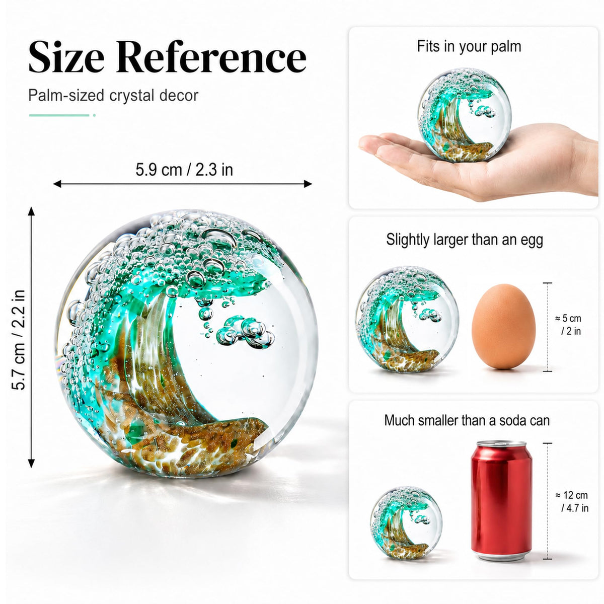 H&D HYALINE & DORA 2.3 Inch Hand Blown Crystal Ball Ocean Waves Glass Ball Paperweight Aquarium Office Decorative Balls Ocean Lovers Gifts(Green)