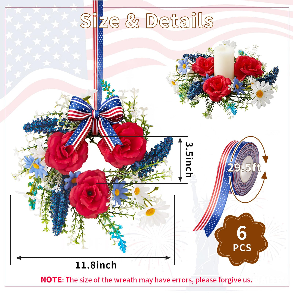 Mini 4th of July Wreath 6Pcs, 11.8 Inch Small Patriotic Wreath with Ribbon, Artificial Rose Lavender Daisy Wreath, Hanging/Tabletop/Candle Ring Decor for Home Front Door, Porch, Wall, Window, Cabinets