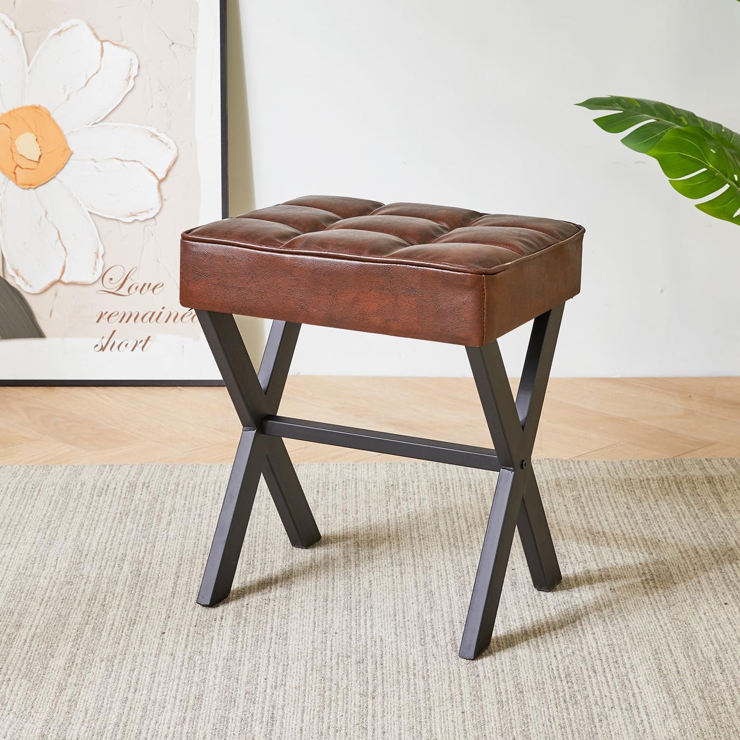 IBUYKE Square Makeup Stool with X-Leg Foot Rest, PU Footrest, Ottoman Seat, Multi-Use as Small Side Table, for Bedroom, Living Room, Light Brown LG-71J