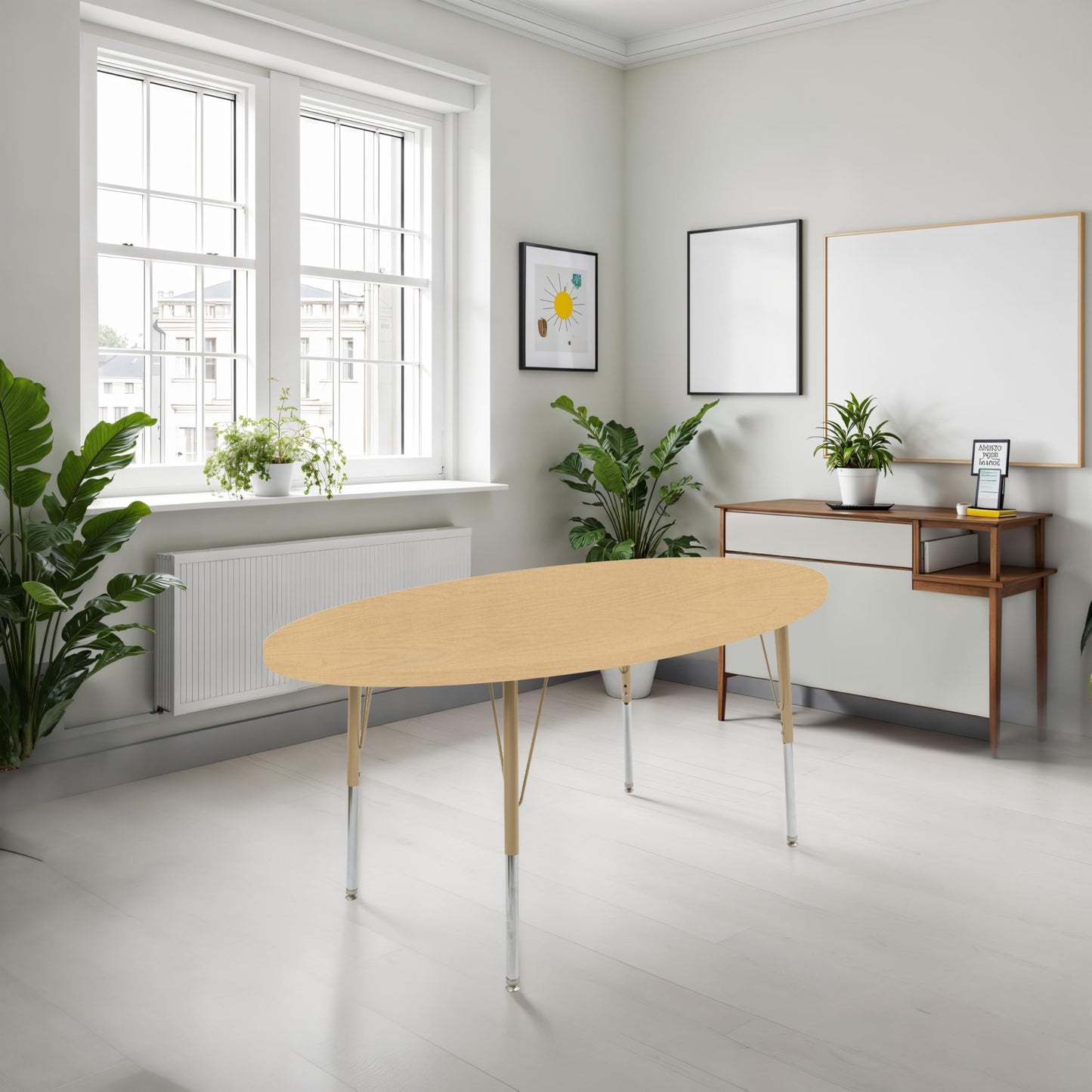 Factory Direct Partners FDP 30" x 60" Oval Thermofused Classroom Activity Table with Standard Swivel Glide, Adjustable Height 19"-30" - Maple Grain/Sand - 15590-386