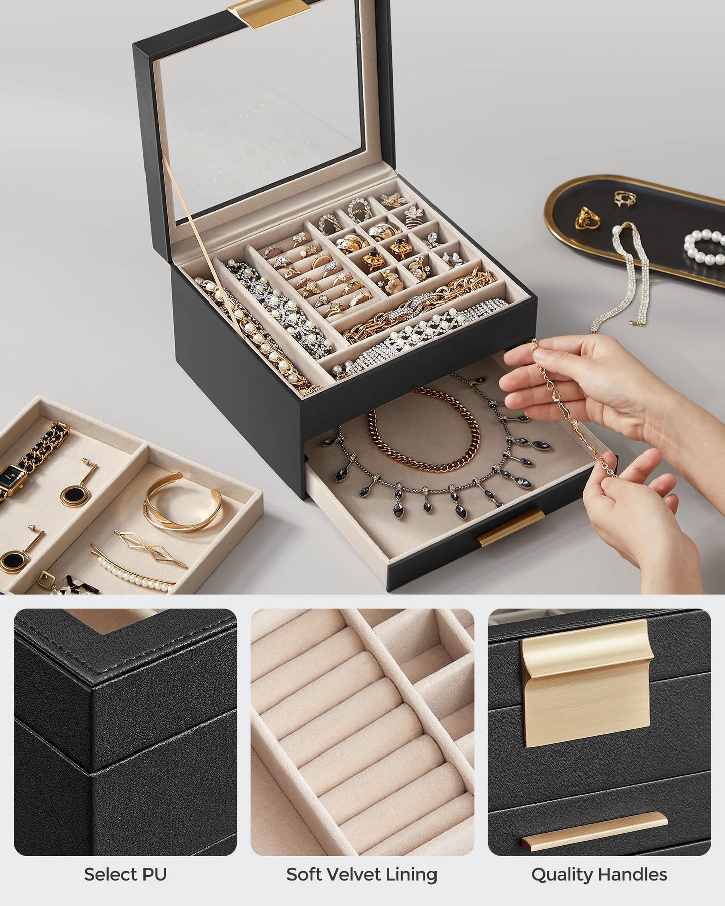 SONGMICS GISELLA Collection - Jewelry Box Organizer, 3-Layer Jewelry Storage with 2 Drawers, Shiny Metal Hardware, Glass Lid, Modern, 8 x 9.1 x 5.3 Inches, Graphite Black and Gold Color UJBC239B03