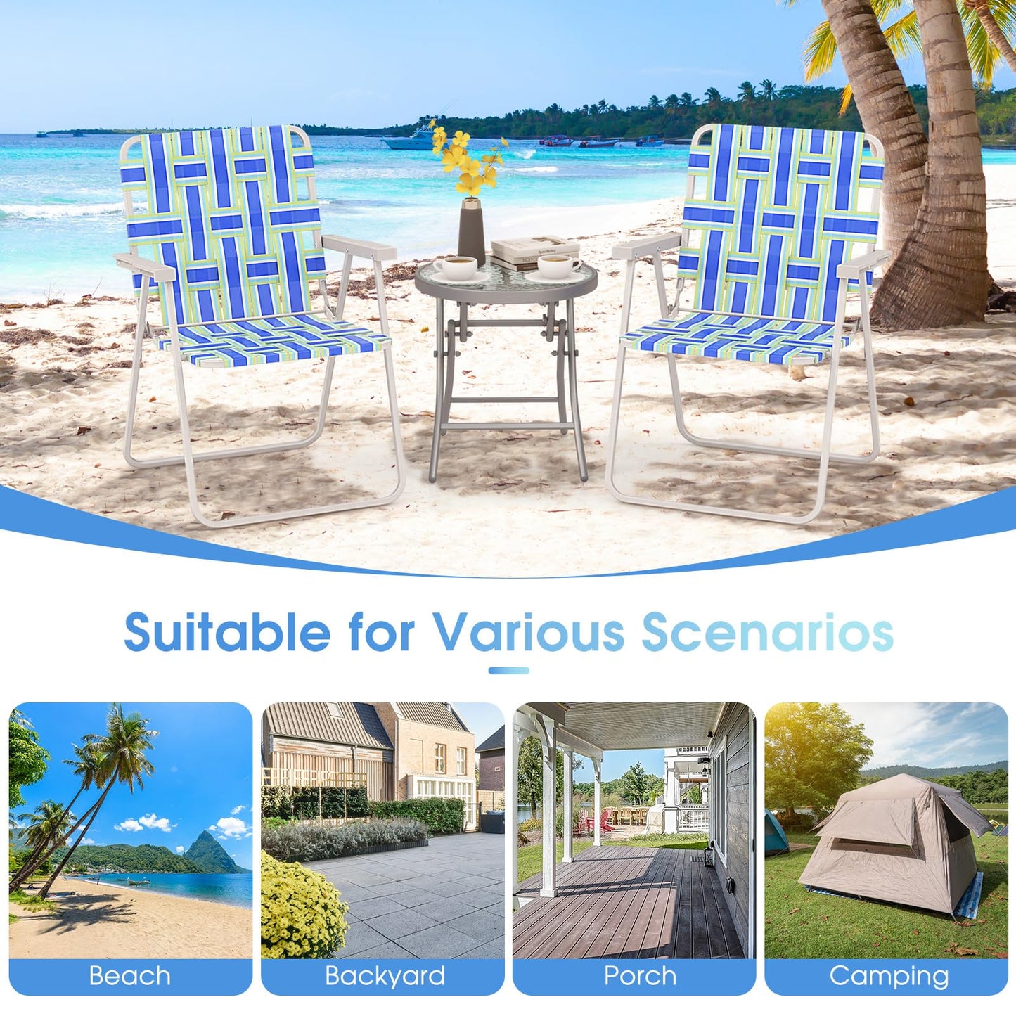 Giantex Beach Chairs Set of 6, Patio Folding Lawn Chairs for Adults, Outdoor Webbing Chair w/Steel Frame, Lightweight & Portable Camping Chairs for Fishing, Yard, Garden, Poolside Webbed Chairs, Blue