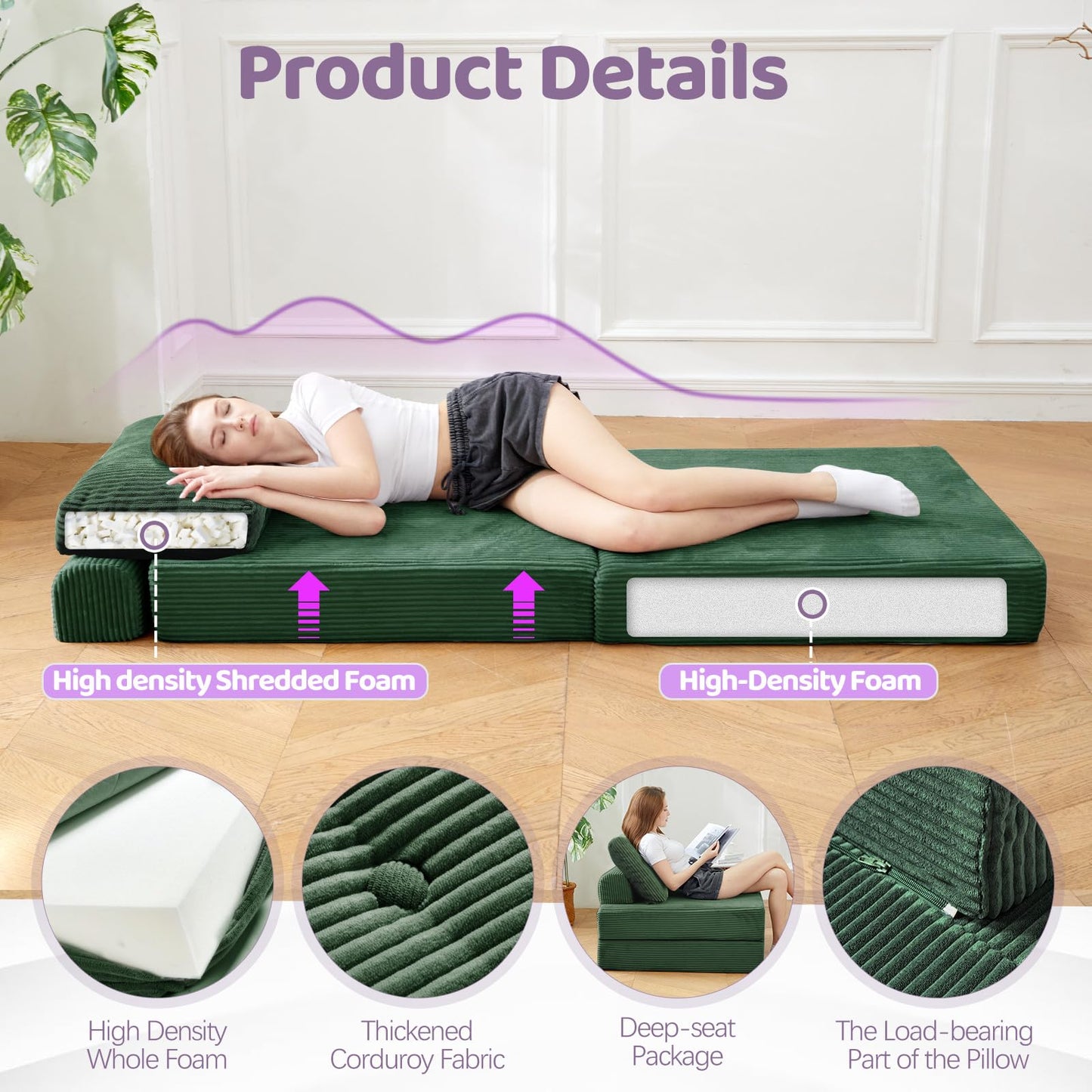 PIASHJOY Folding Sofa Bed,3-in-1 Convertible Sleeper Chair Corduroy High-Density Foam with Pillow,Fold Out Chair Bed,Foldable Single Futon Chair for Living Room、Hotel,Single, Emerald Green