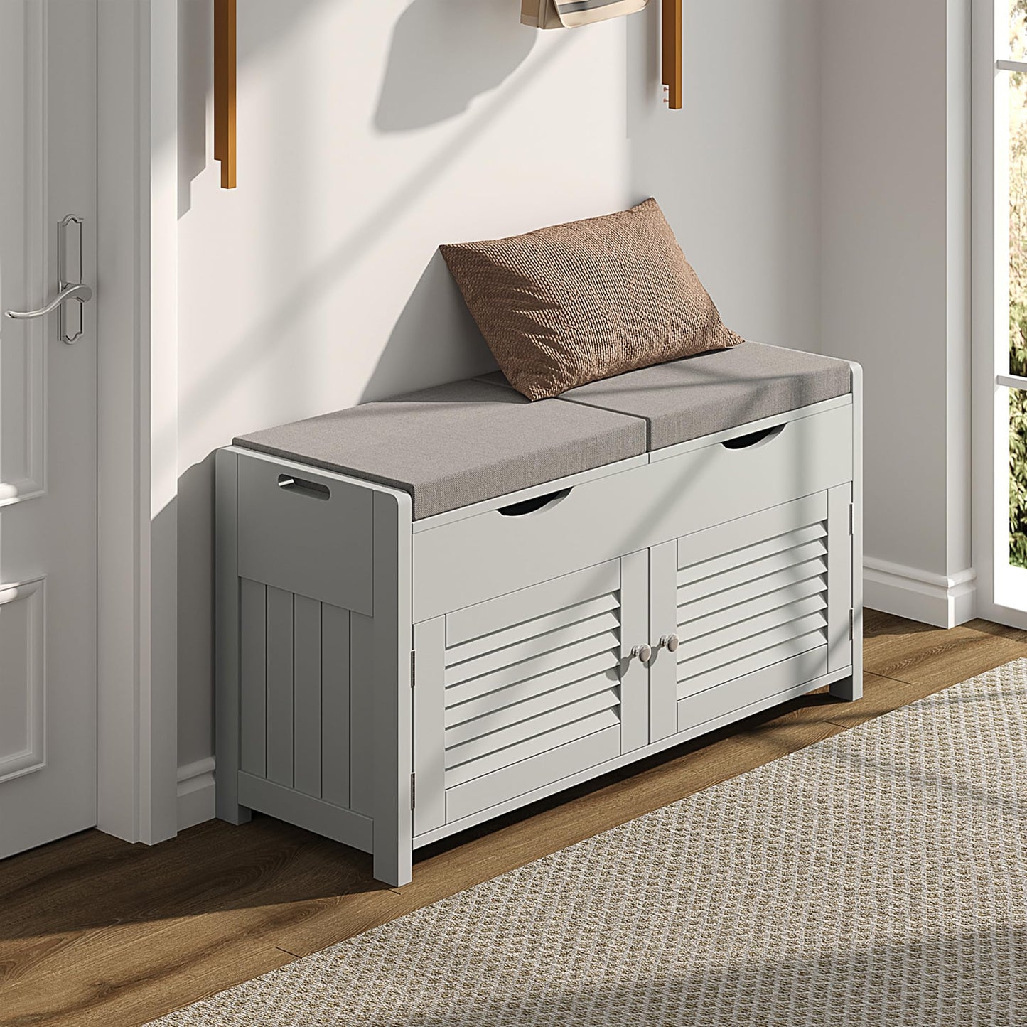 ChooChoo Shoe Storage Bench with Lift Top Storage, Entryway Bench with 2 Cushioned Seats, 3 Compartments, Adjustable Shelf, Shoe Cabinet for Entryway, Bedroom, Living Room, Grey