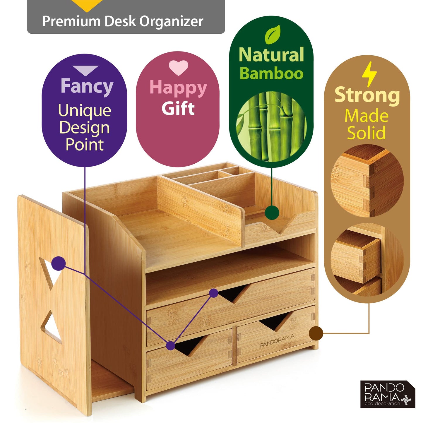 Pandorama Bamboo Desk Organizer Large - A4 Drawers & Adjustable File Holder, Fully Assembled Wood Desktop Storage for Kitchen, Bedroom, Bathroom, Study Room