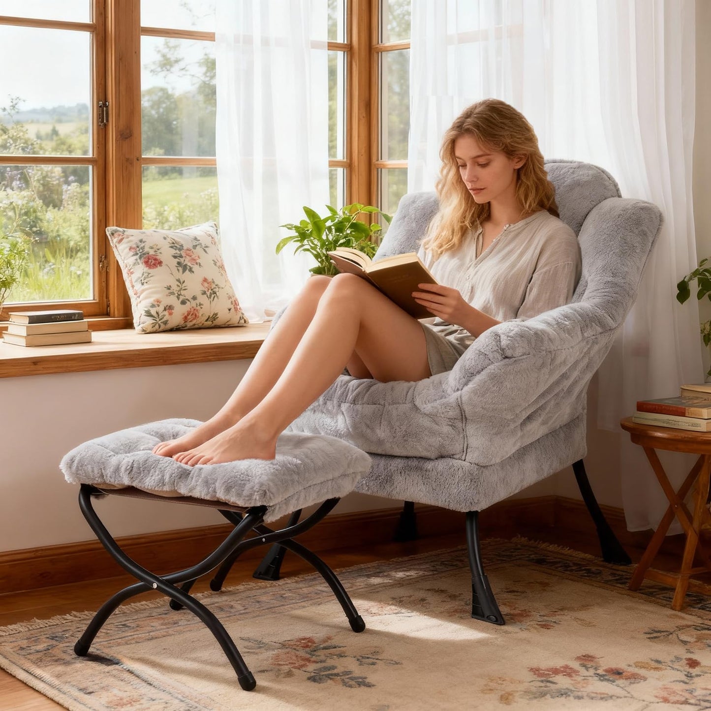 SESHINELL Lazy Chair with Ottoman, Modern Accent Lounge Leisure Sofa with Armrests, Reading Chair and Folding Footstool for Living Room, Bedroom, Office, Plush Grey