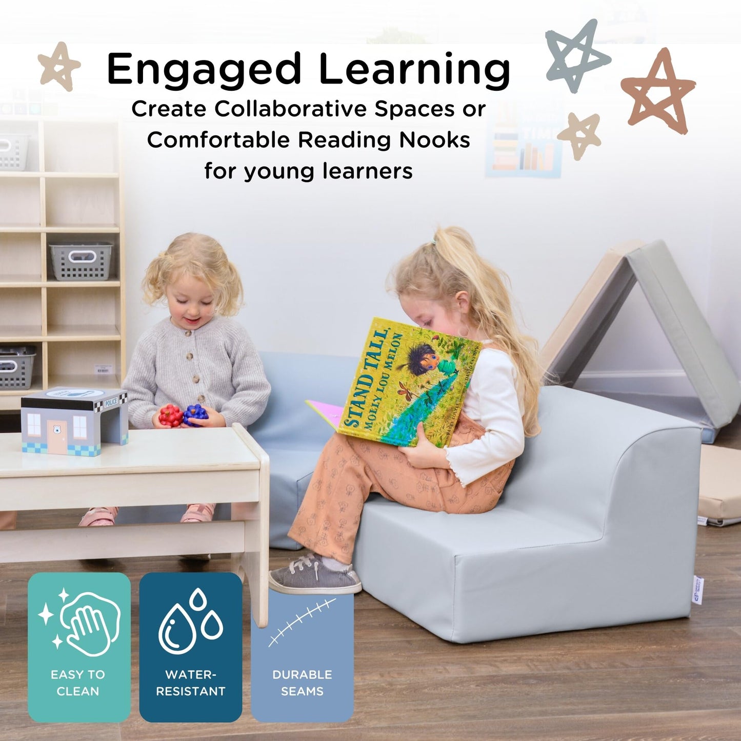 Children's Factory Library Lounger, Flexible Seating Classroom Furniture, Comfy Kids Chairs, Glacier Gray, Single Lounger