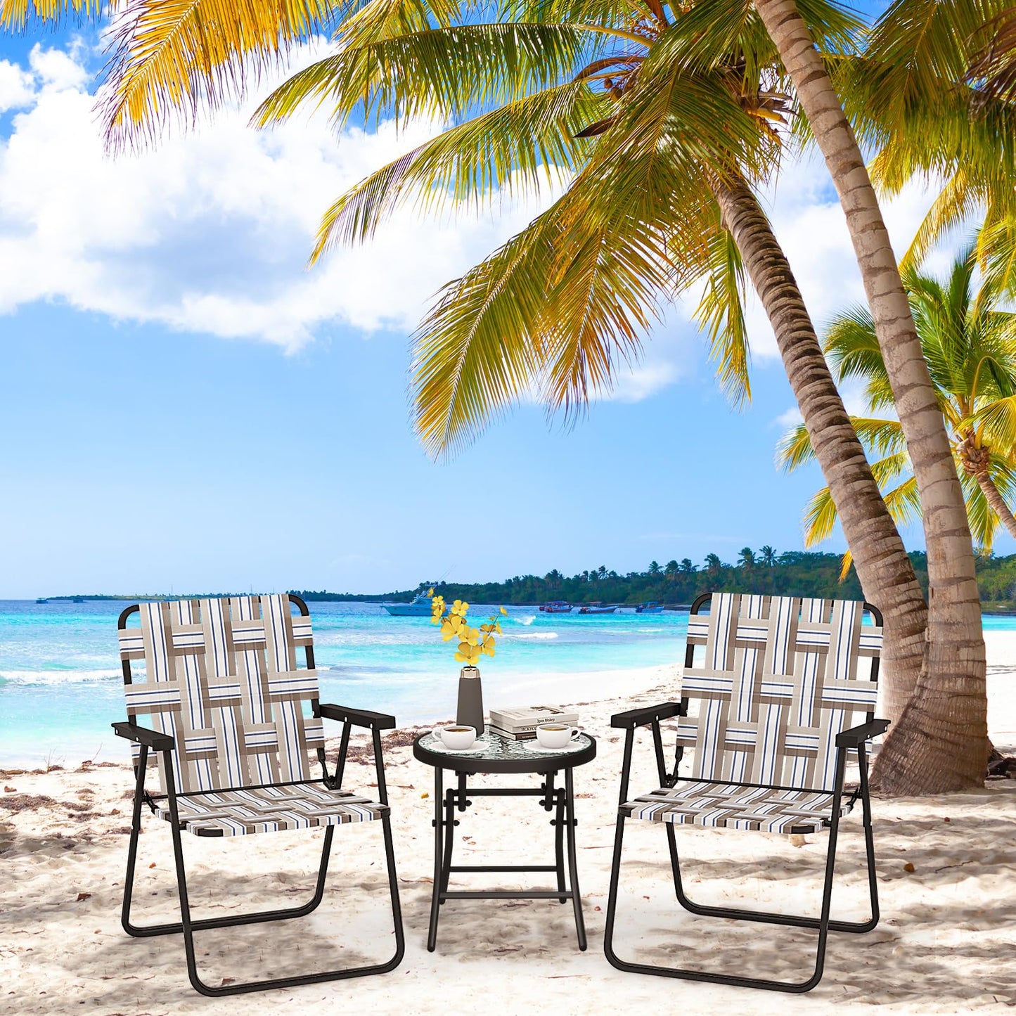 Giantex Beach Chairs for Adults 6-Pack - Camping Chair with Steel Frame, Set of 6 Lightweight Folding Directors Chairs, Outdoor Webbing Chair for Patio, Fishing, Yard, Poolside Lawn (Khaki)