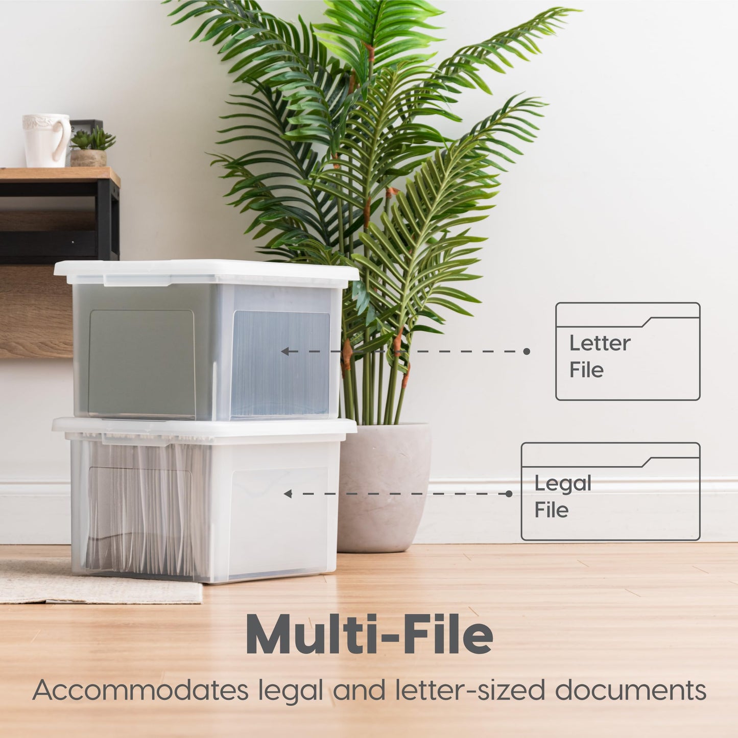 IRIS USA 35 Qt File Box with Lid, File Storage Box for Letter Size Documents, Portable Plastic File Box, Stackable Nestable Organizer, 4 Pack, Pearl