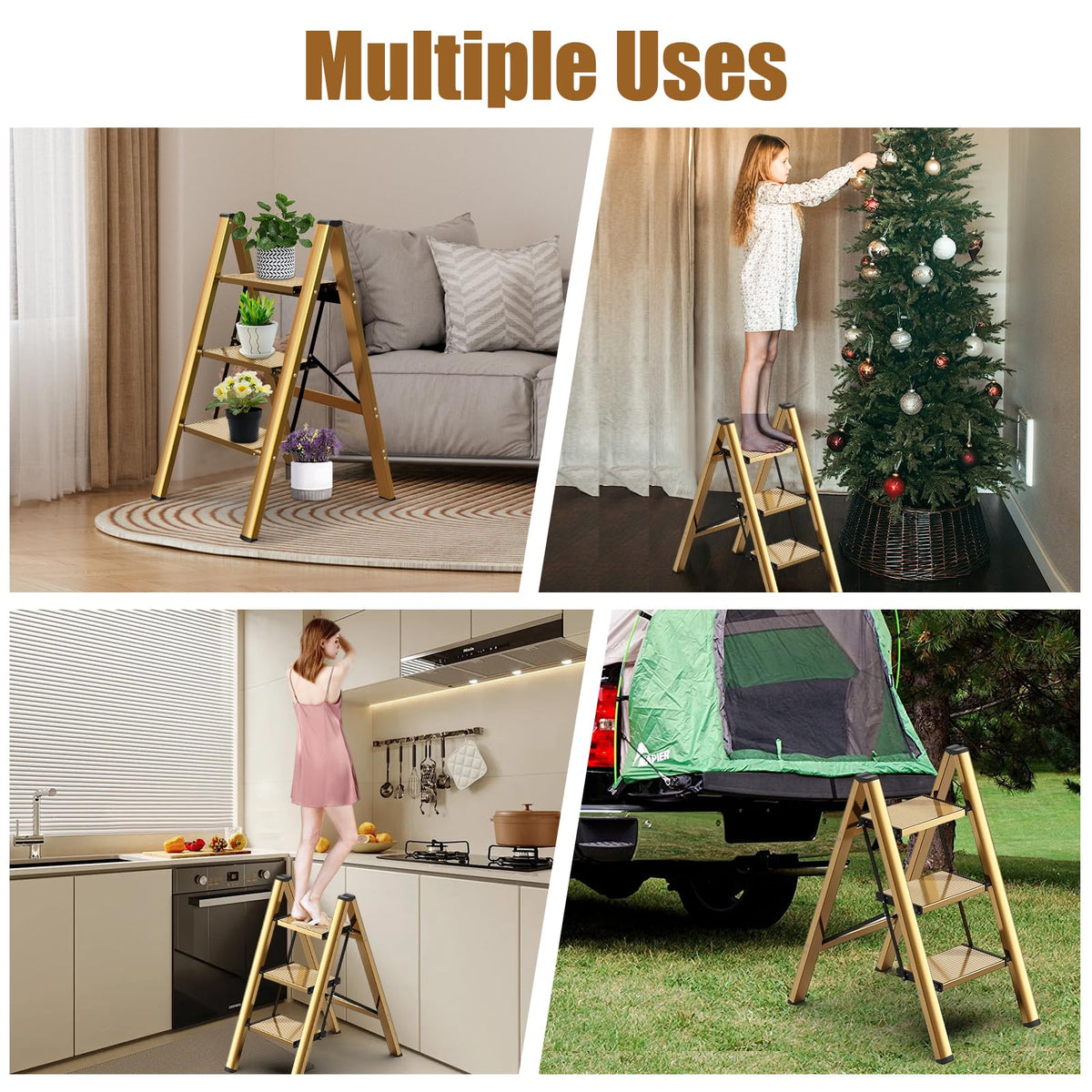 hismocal Foldable 3 Step Stool for Closet/Kitchen-Aluminium Gold Step Ladder Stools, Folding 330lbs Lightweight Ladders with Anti-Slip Wide Pedal, Portable Kids/Adults