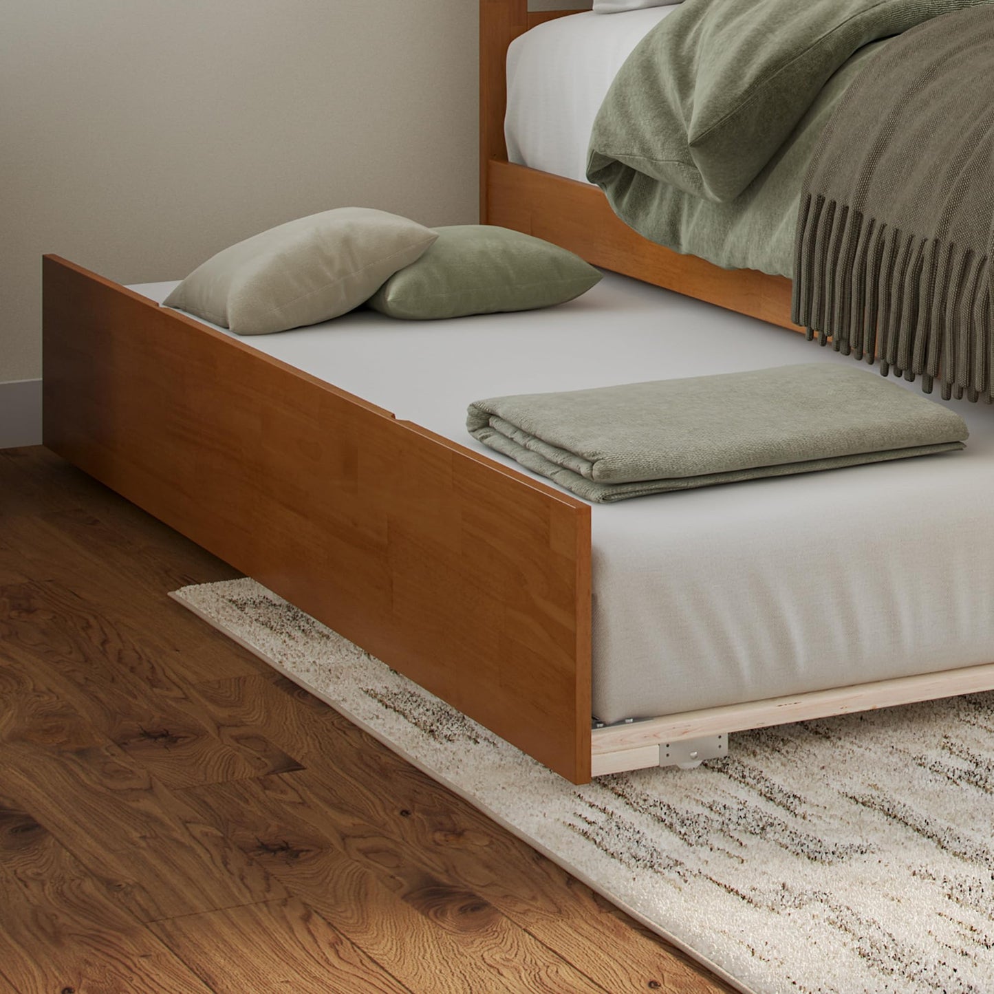 AFI, Mission King Platform Bed with Footboard & Twin XL Trundle, Light Toffee