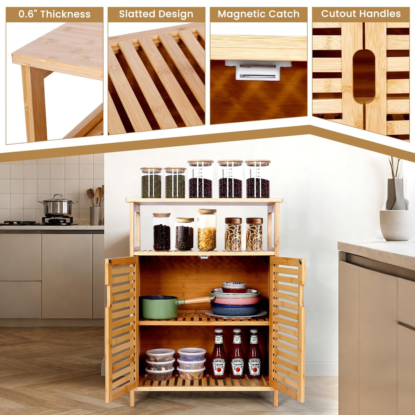 Bambition Bamboo Storage Cabinet with Doors, Floor Freestanding Cabinet with Shelves for Bathroom, Kitchen, Living Room