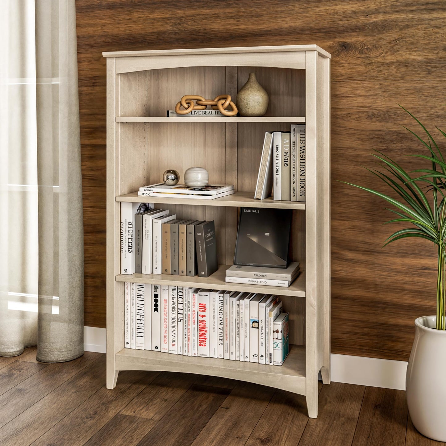 Camaflexi Shaker Style 4 Shelf Bookcase/Solid Wood / 48" High/Adjustable Shelving/Closed Back/Display Bookshelf for Living Room, Bedroom, Home and Office, Light Oak