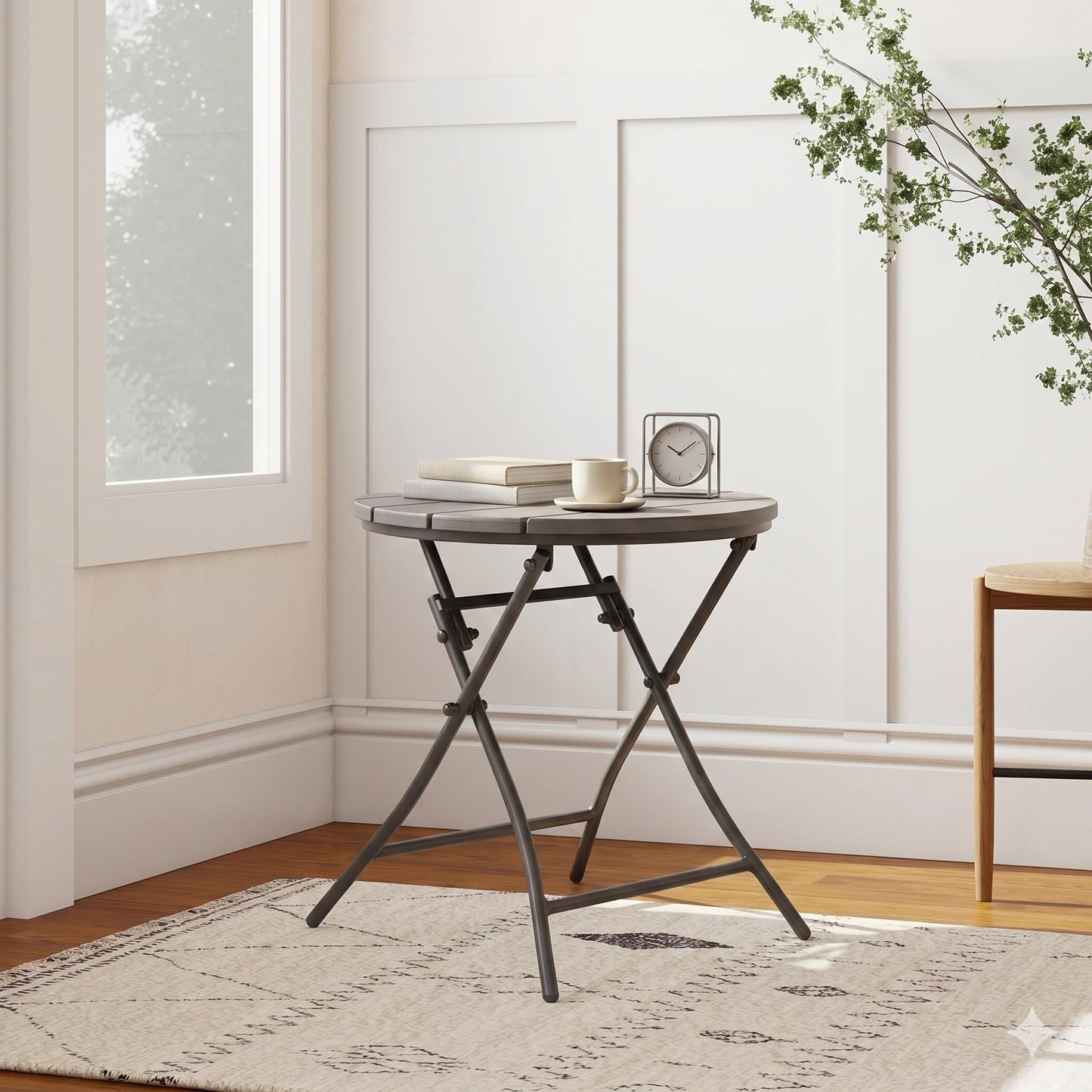 TeoKJ Folding Black Small Outdoor Side Tables, HDPS Patio Table with Metal Legs, Outdoor Small Round Table for Garden,Deck, No Assembly Patio Table Round Nightstand for Porch Yard Balcony Deck Lawn