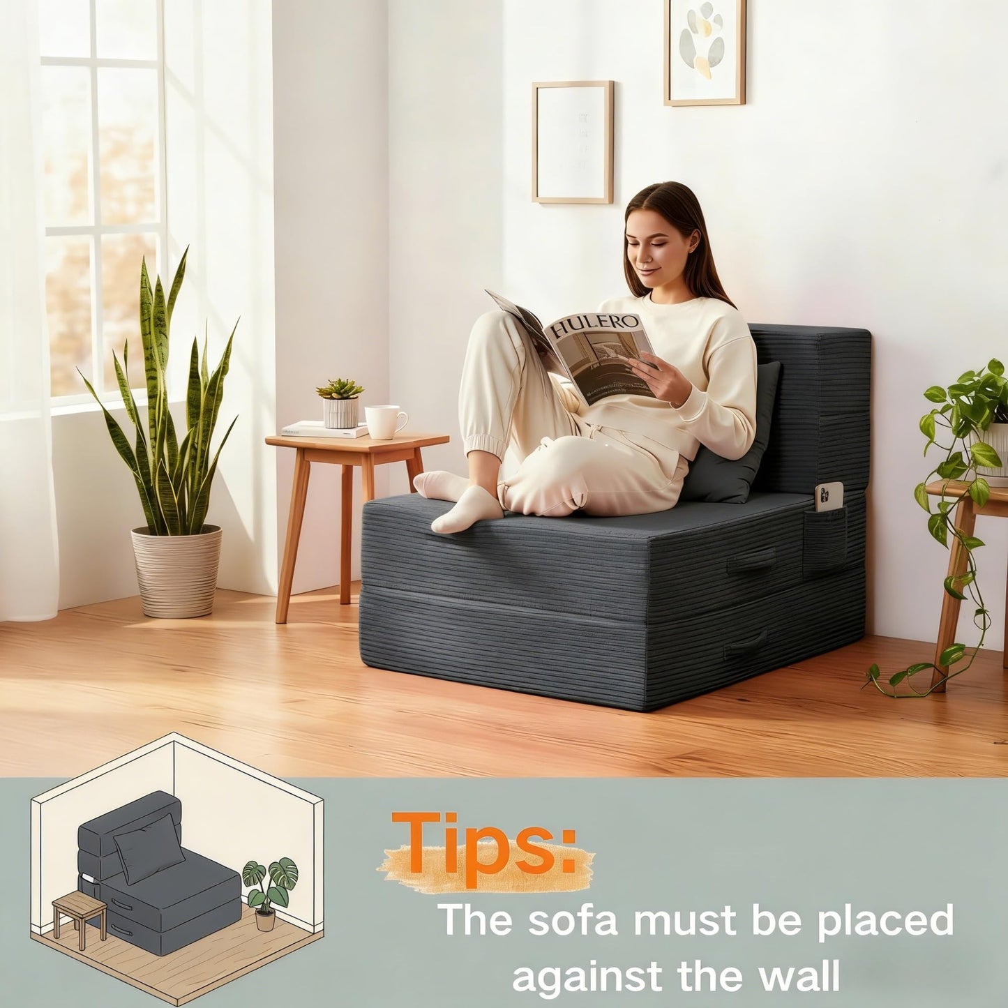 HILERO Folding Sofa Bed, 4 in 1 Convertible Sleeper Chair with Pillow, Single Memory Foam Fold Out Chair Bed, Modern Floor Futon Sofa Couch Mattress for Living Room/Guest/Apartment, Dark Grey