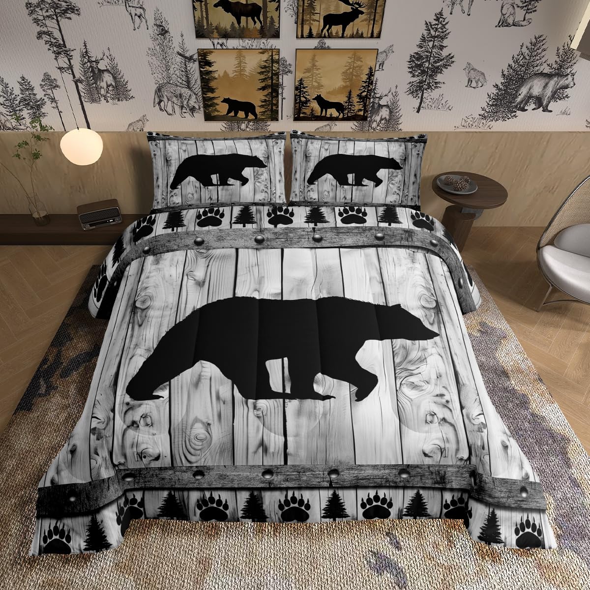 Bear Comforter Set Twin Size,Rustic Farmhouse Wood Cabin Bedding Set,Wildlife Hunting Quilt Set for Kids Boys Girls Teens Room Decor,Grey Black Pine Trees Pattern Duvet Insert,1 Pillowcase