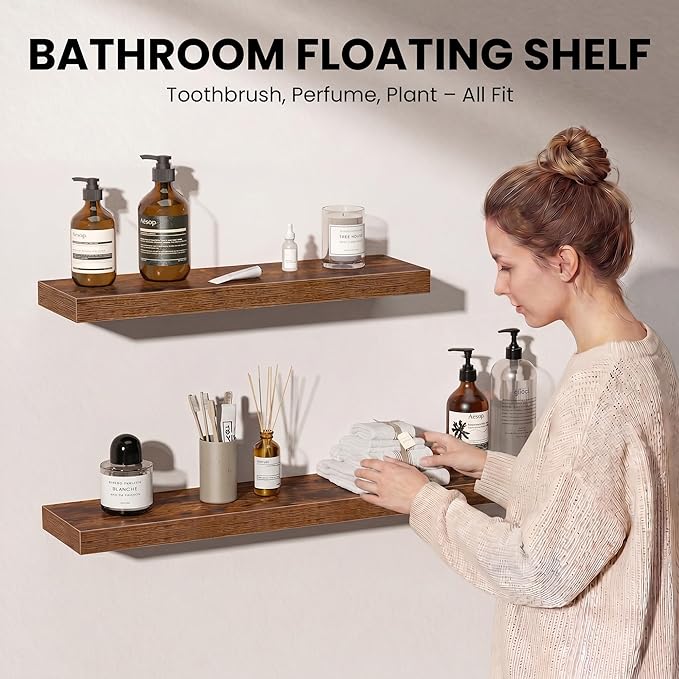 Fun Memories Floating Shelves for Wall, 72 Inch Long Set of 2 Rustic Wood Wall