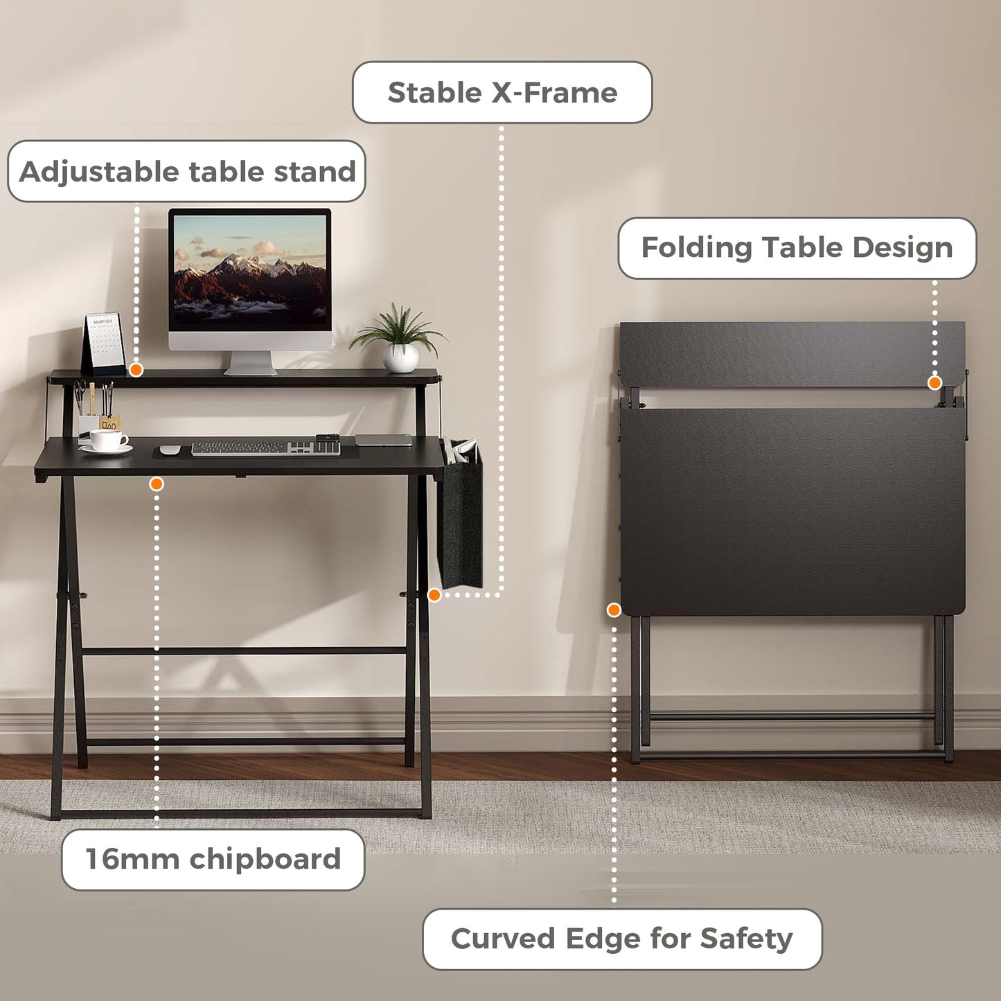 Small Desk No Assembly,31.5Inch 2-Tier Compact Computer Desk with Shelf & Side Pocket,Space Saving Foldable Table for Home Office, Bedroom or Apartment,Portable Collapsible Sturdy Laptop Desk,Black