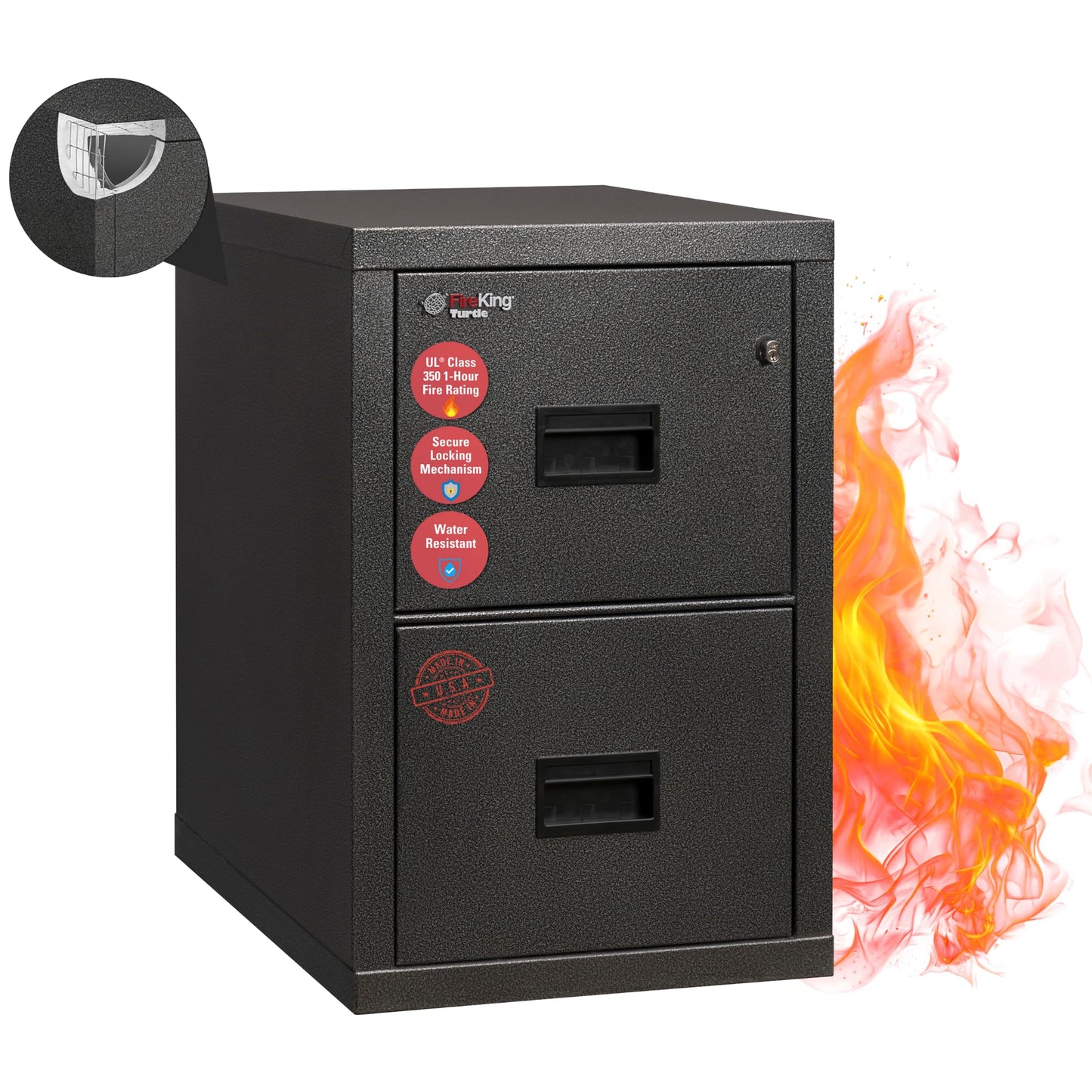 FireKing Turtle Vertical 2 Drawer Legal and Letter Fire Safe File Cabinet with Key Lock, 1 Hour Fire Rated, UL Rated & Water Resistant Home Safe, Filing Cabinet, Made in the USA, Black