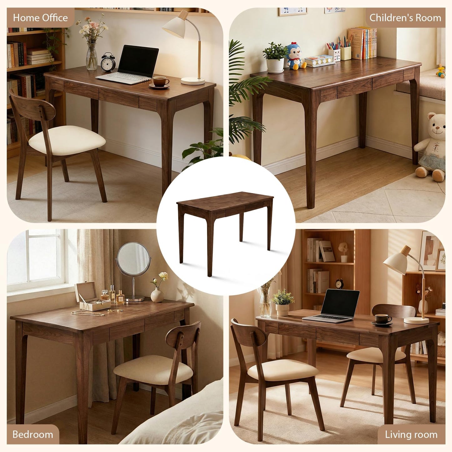 Zevemomo 47" Solid Wood Desk, Walnut Wooden Office Executive Desk with 2 Storage Drawers, Modern Gaming Sturdy Writing Table, Solid Wood Computer PC Workstation, Wooden Table for Bedroom Living Room