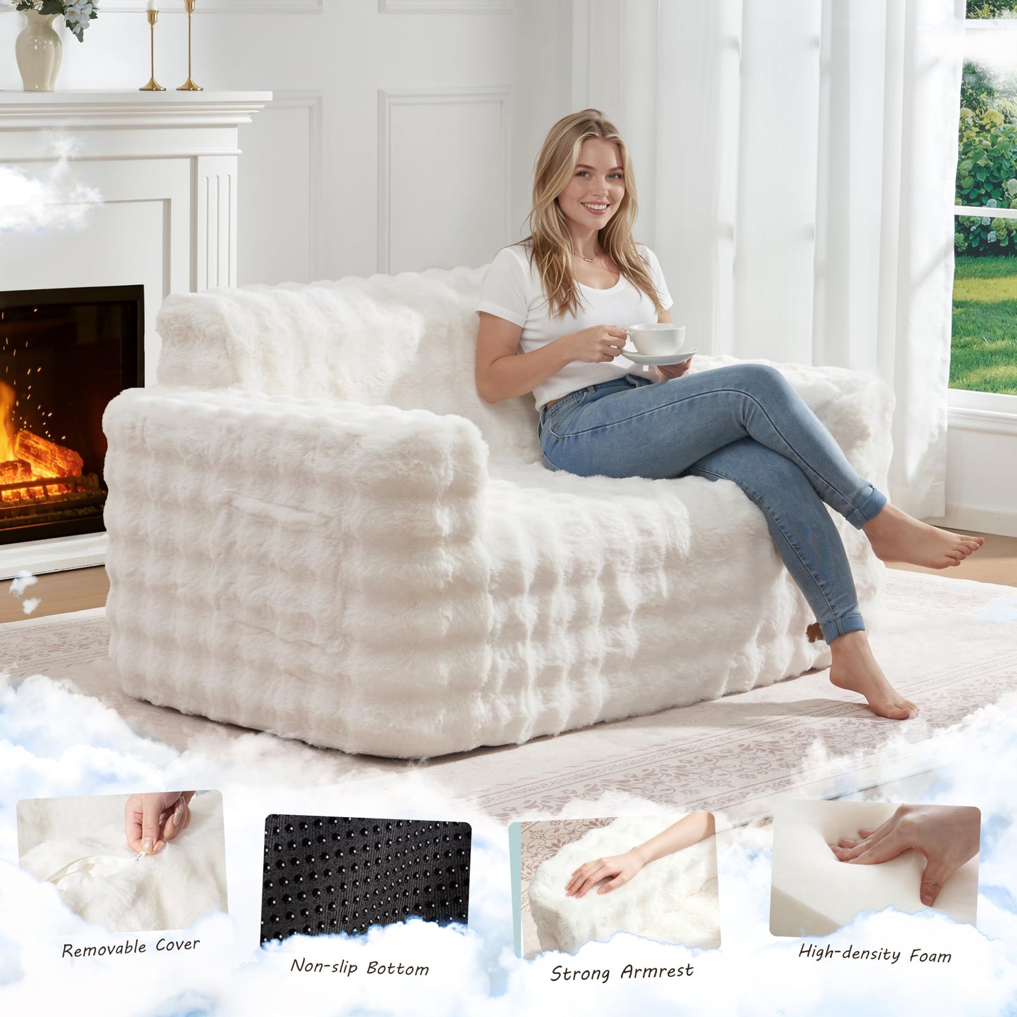 ZurNesfure Sofa Couch Loveseat, Memory Foam Couch with Pillow, Modern Cloud Couch with deep seat and Removable Washable Cover Boneless Sofas for Living Room Bedroom Apartment (White,Loveseat)