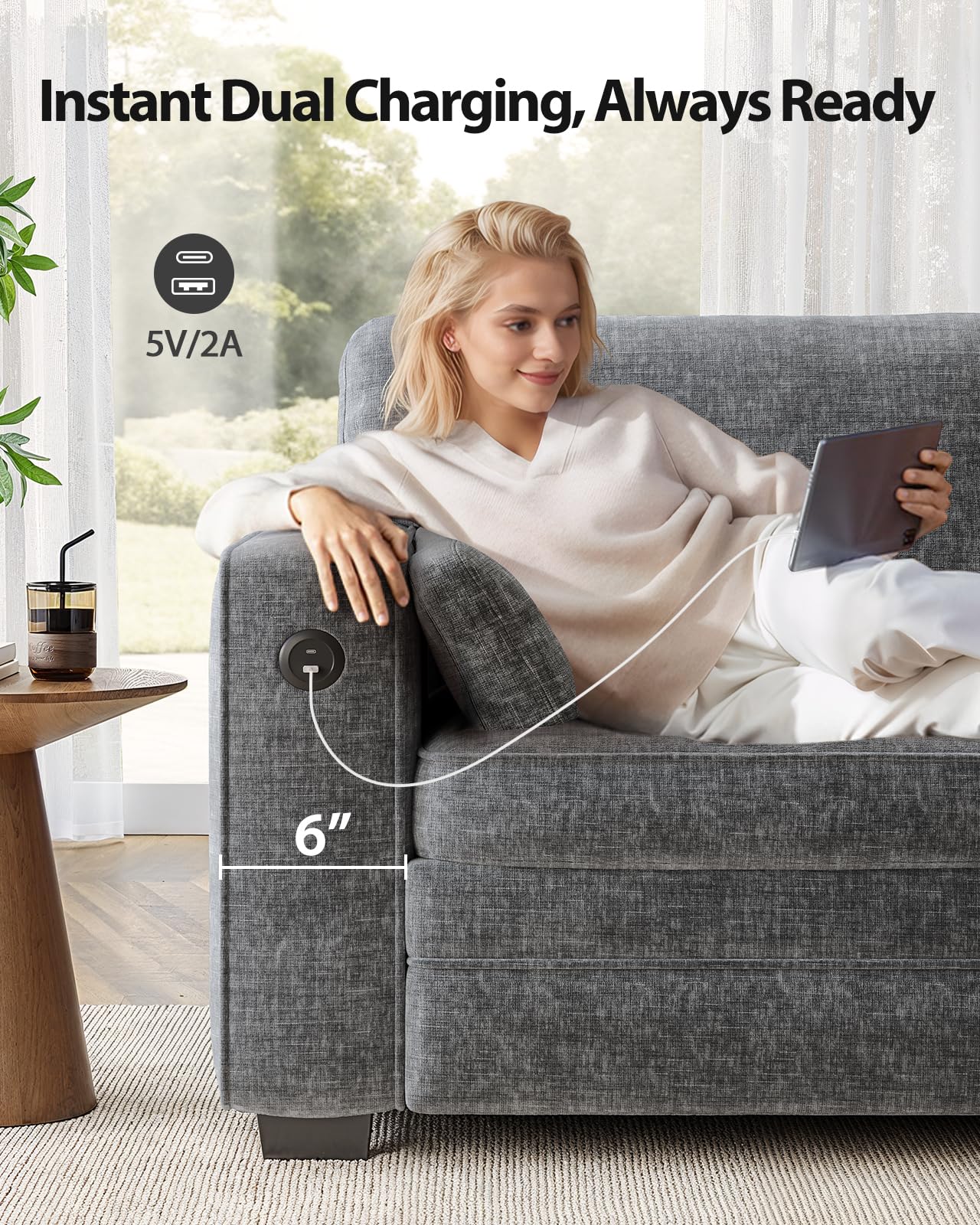 Marsail 63" Pull Out Sofa Bed, Full Size Sleeper Sofa with Memory Foam Mattress, 2 USB Charging Ports & Removable Covers, Chenille Loveseat Couch for Living Room, Apartment, Light Grey