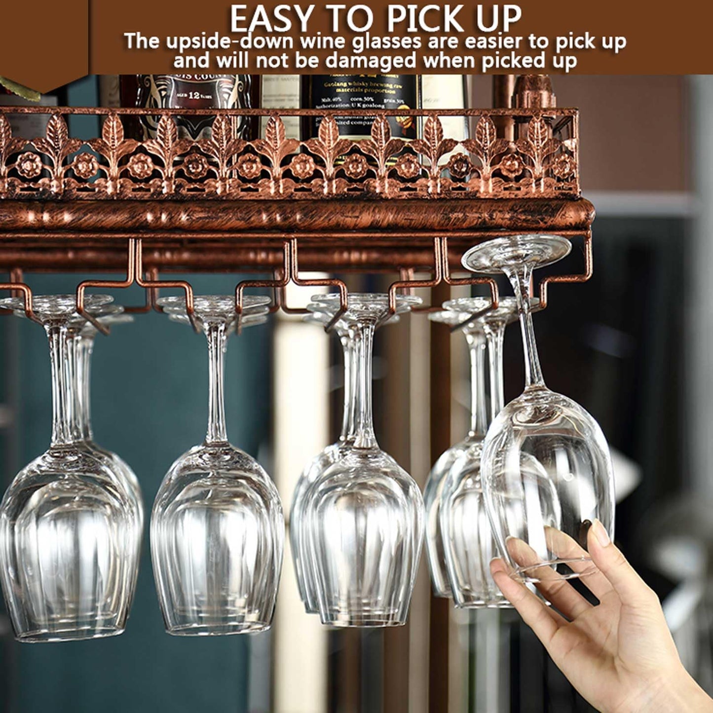 LWJQRSP European Hanging Wine and Coffee Glass Rack Adjustable Height Ceiling Bottle Holder Elegant Carved Design for Bars Restaurants and Cafés - Space-Saving Storage Solution