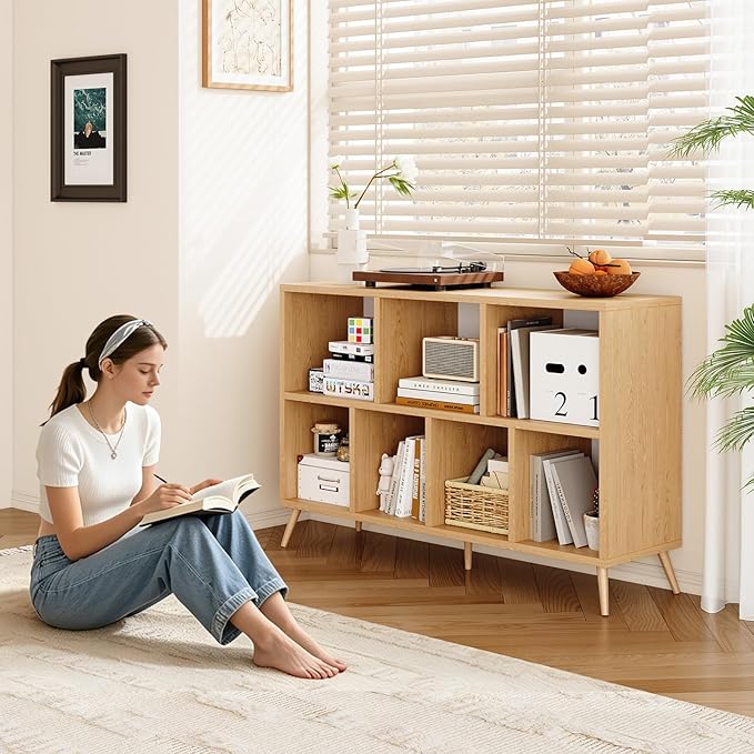 7-Cube Storage Organizer with Natural Wood Legs, Mid-Century Modern Bookcase