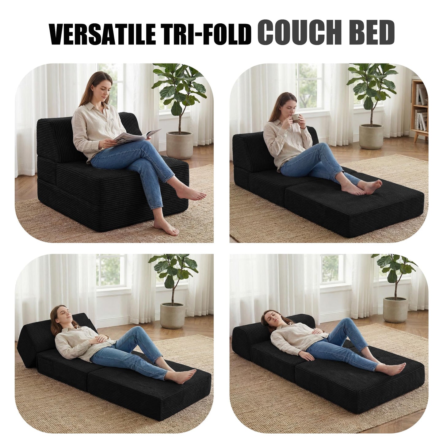 Kasunpul Folding Sofa Bed with Pillow, Memory Foam Fold Out Chair Bed, Convertible Sleeper Chair with Washable Cover, Futon Floor Couch for Living Room/Dorm/Guest Use/Home Office/Apartment, Black