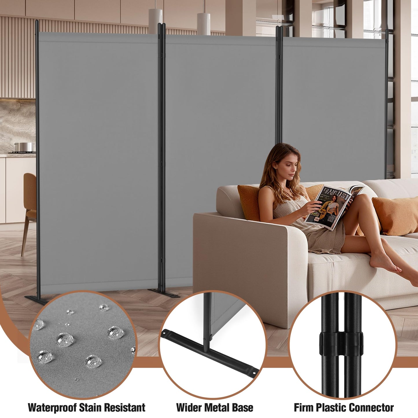 Yettsoy Room Divider 6FT Folding Privacy Partition Screen, 103'' W Freestanding Wall Divider for Room Separation, Portable 3 Panel Room Divider Panel Privacy Screen for Dorm Studio Office, Grey