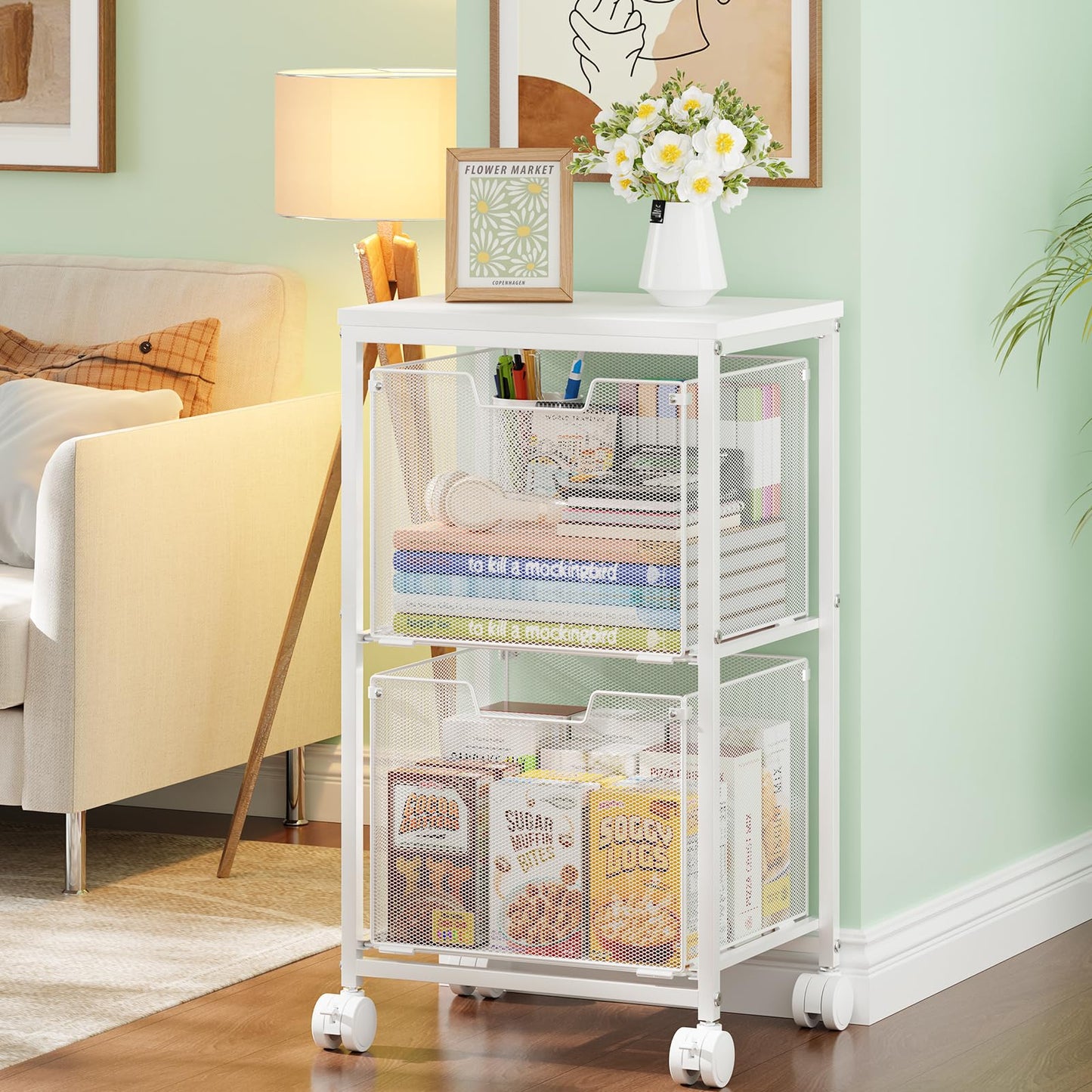 Rolling File Cart with 2 Storage Drawers,Under Desk Storage Cart,Hanging File Folder Organizer with Wheels, Filing Cabinet Mobile Printer Stand Utility Craft Cart for Home Office,White