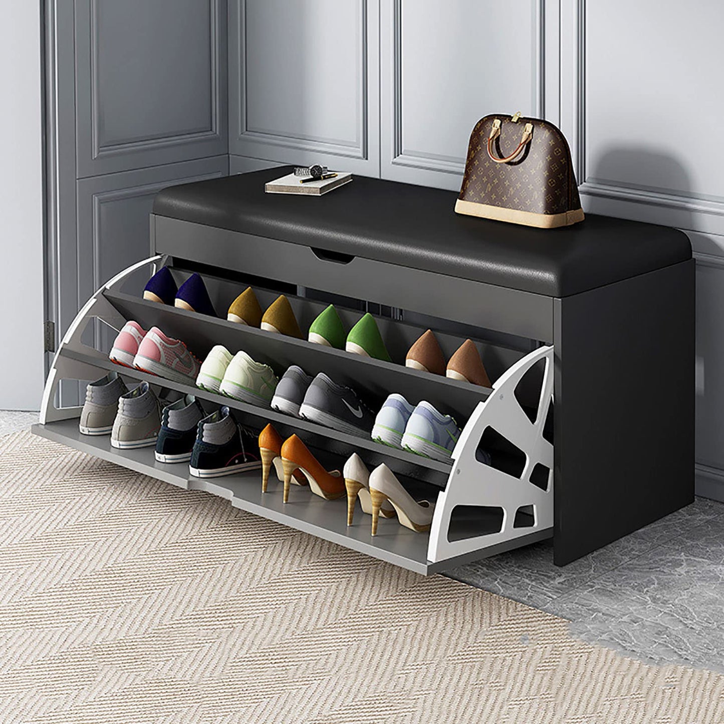 Benches Garden Bench Outdoor Patio Seating Backless Park Chair Lawn Path Slatted Seats,Shoe Storage Bench with Drawer - Wooden Shoe Stand Cabinet Rack - Flip-Drawer PU Padded Shoe Rack Organ