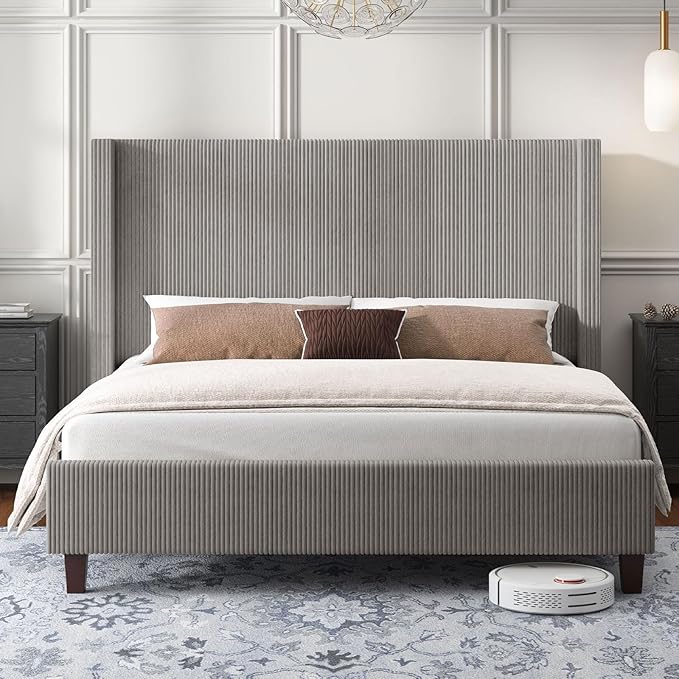 HOWE King Size Bed Frame with 50.8" Tall Wingback Headboard, Modern Corduroy