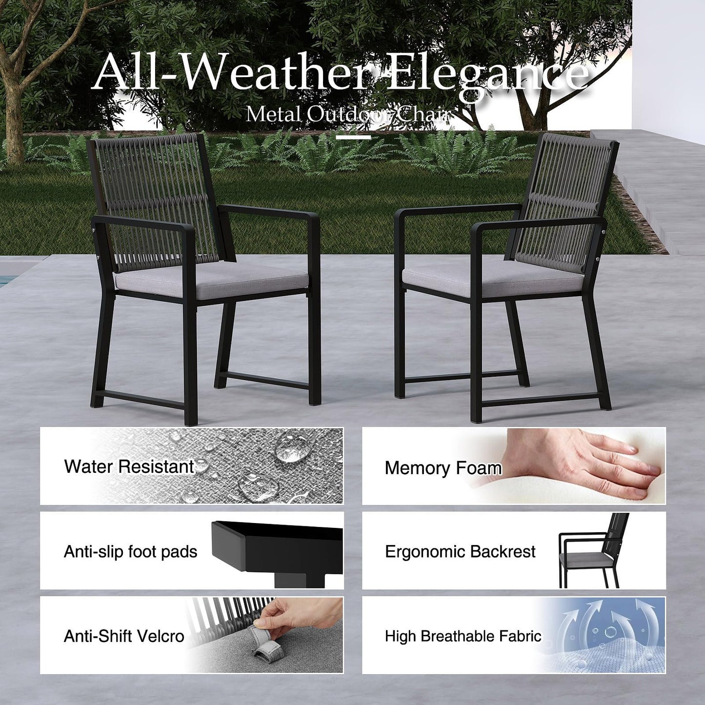 Coreporch Outdoor Patio Dining Chair, All-Weather Woven Rope Outdoor Chairs Set of 2, Sturdy Iron Frame, 400 lbs, Ergonomic Backrest, Removable Breathable Cushion, for Patio & Garden, Black