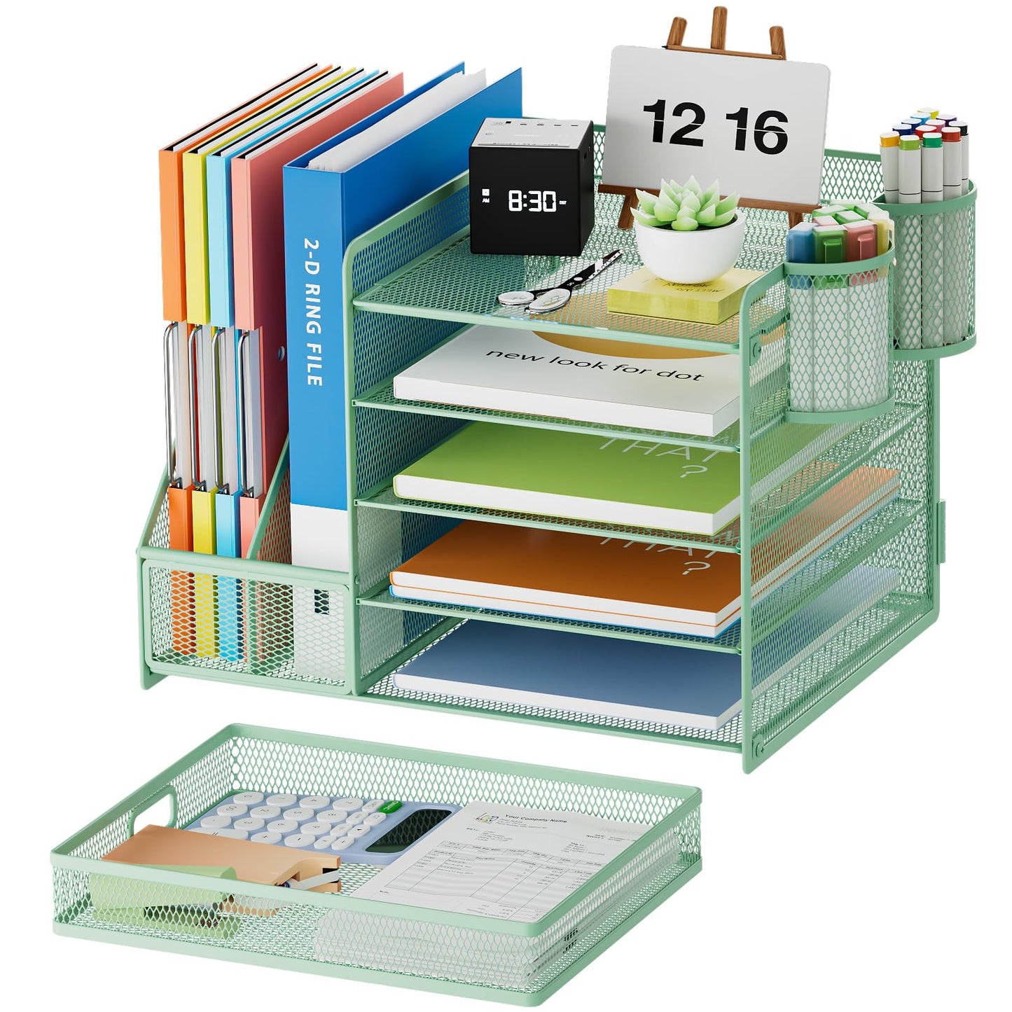 Marbrasse Desk Organizer with File Holder, 5-Tier Paper Letter Tray Organizer with Drawer and 2 Pen Holder, Mesh Desktop Organizer and Storage with Magazine Holder for Office Supplies (Green)