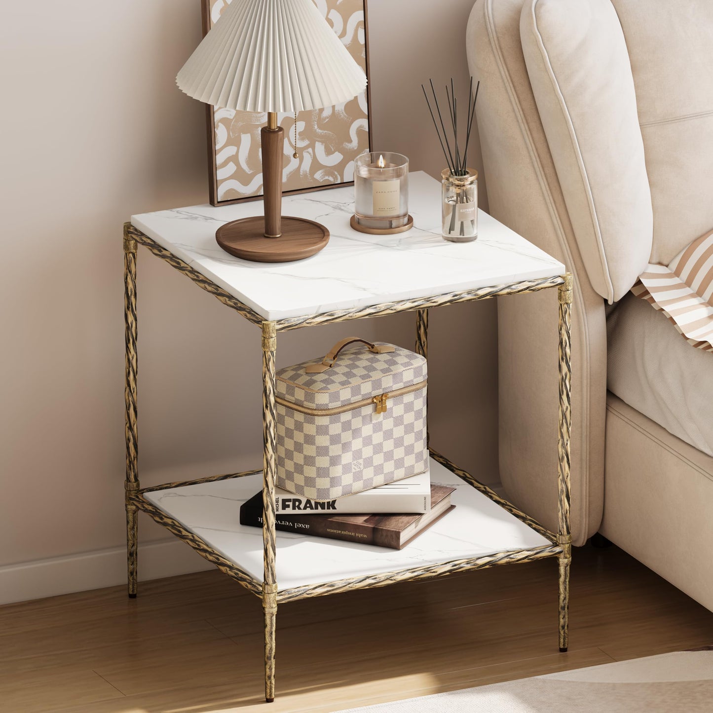 FormaCraft Antique Square End Table with a Marble-Effect Wooden Top, 20" Gold Side Table with 2-Tier Open Storage Shelves, Modern Square Accent Table with Antique Brass Finish for Living Room, Bedroom