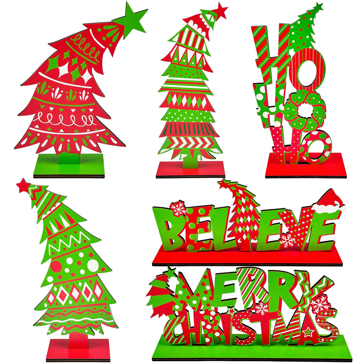 Cinrobiye 6 Pcs Christmas Table Decorations, Red Green Whoville Crooked Christmas Tree Centerpieces Farmhouse Wood Xmas Tabletop Xmas Signs for Home Mantel Fireplace Holiday Party Supplies Decor