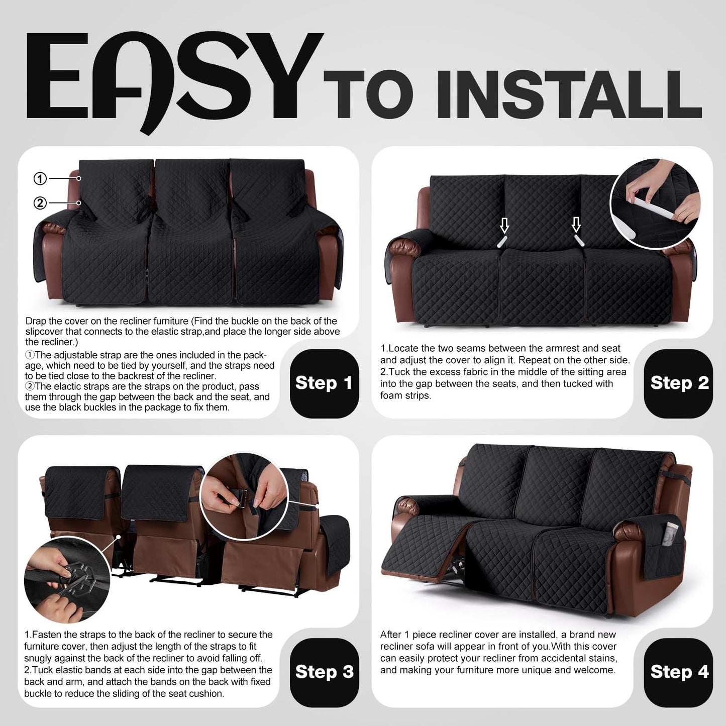 KinCam Recliner Sofa Covers for 3 Seat, 100% Waterproof Reclining Couch Covers, Non-Slip Recliner Couch Cover Furniture Protector with Elastic Straps for Pets, Kids, Black