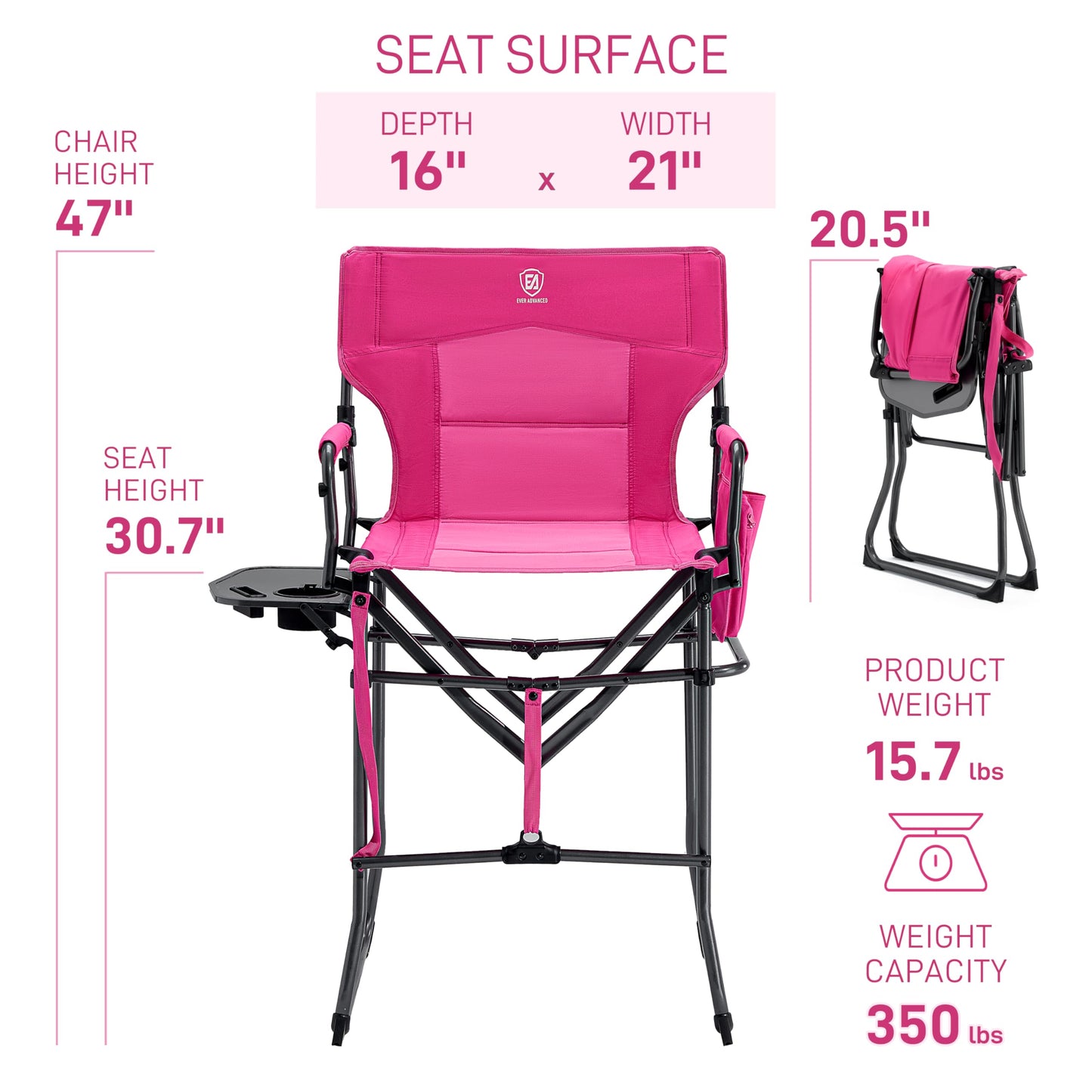 EVER ADVANCED Portable 30.7" Seat Height Tall Folding Camping Chair Directors Chair High Foldable Bar Stool with Side Table for Makeup Artist, Sports Event, Craft Show, Supports 350LBS