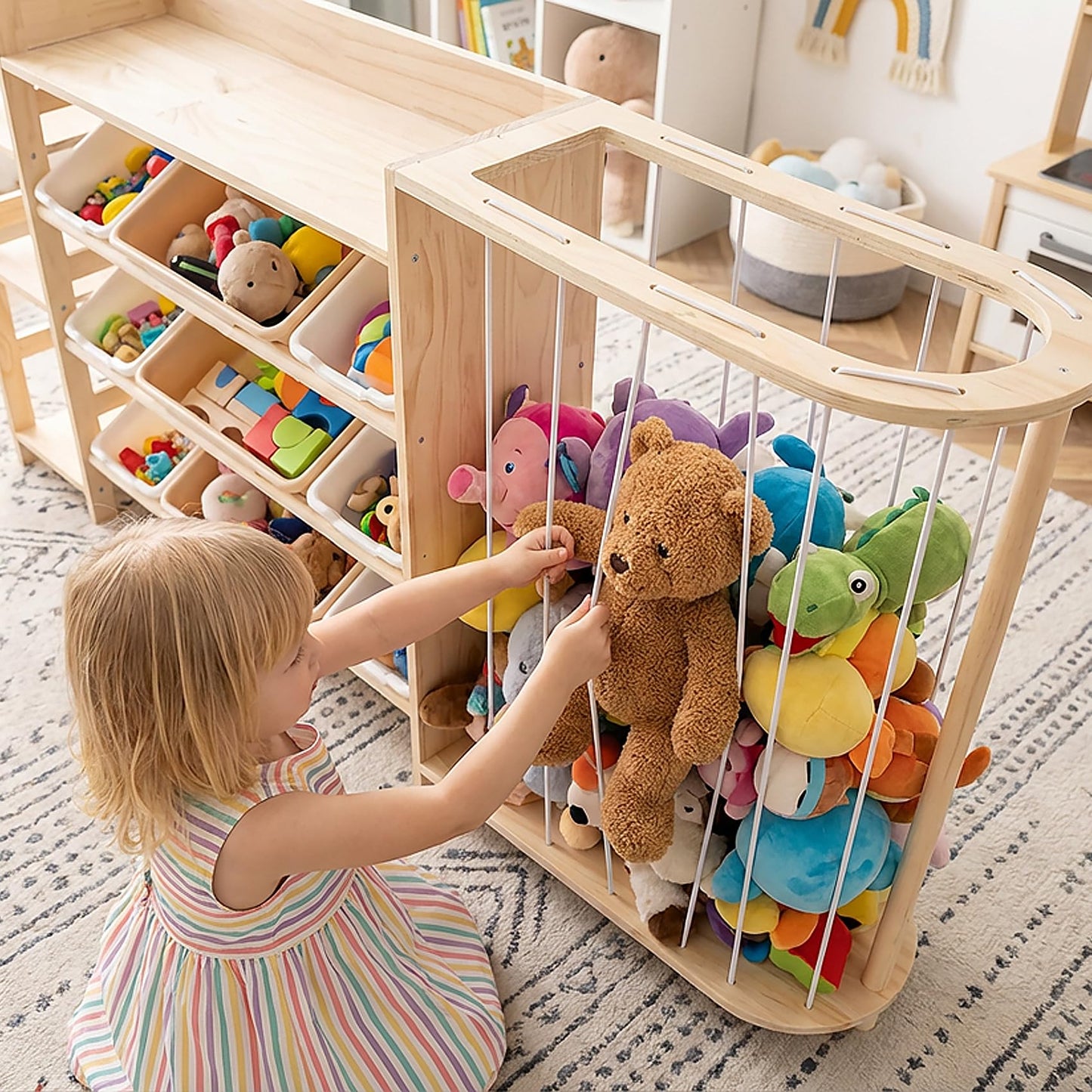 Amdermi Kids Toy Storage Organizer with Bookcase and Stuffed Animal Zoo, 4-in-1 Wooden Multi Bin Toy Shelf for Toddlers, Playroom, Bedroom, Nursery