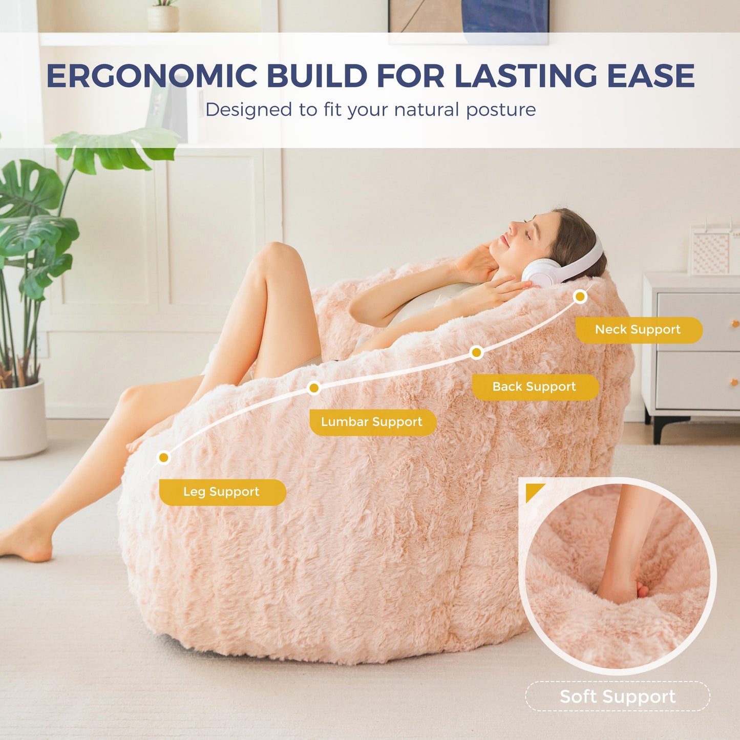 MAXYOYO Giant Bean Bag Chair for Adults, Stuffed Shell-Shaped Large Bean Bag Couch, Cozy Living Room Chair with Filler, Floor Sofa Lazy Sofa for Bedroom Living Room, Pink