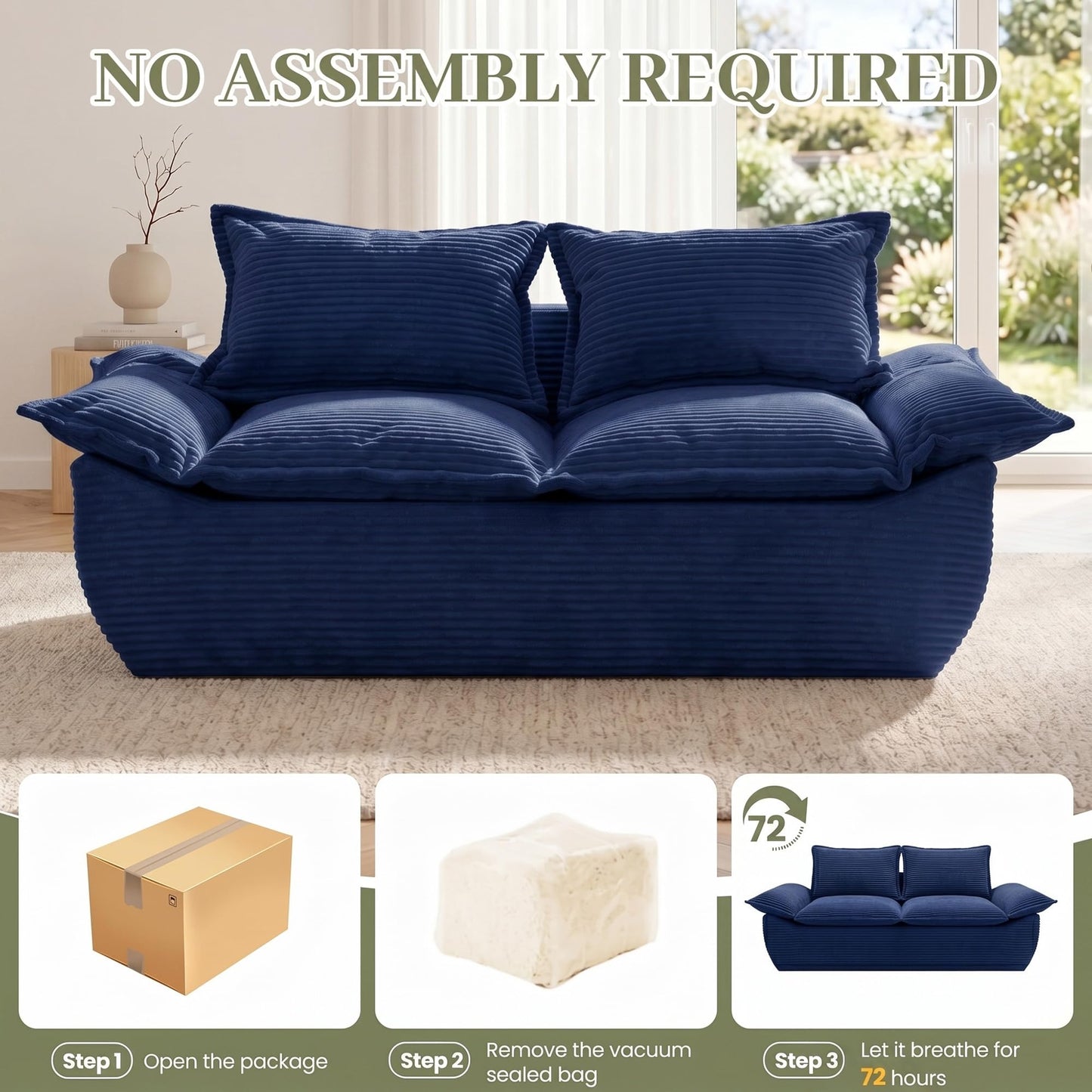 JUIKURY 55" Convertible Corduroy Sofa Bed, Boneless Foldable Loveseat Sleeper Couch, Compressed Foam Floor Sofa with Removable Cushions & Pillows for Small Space Living Room