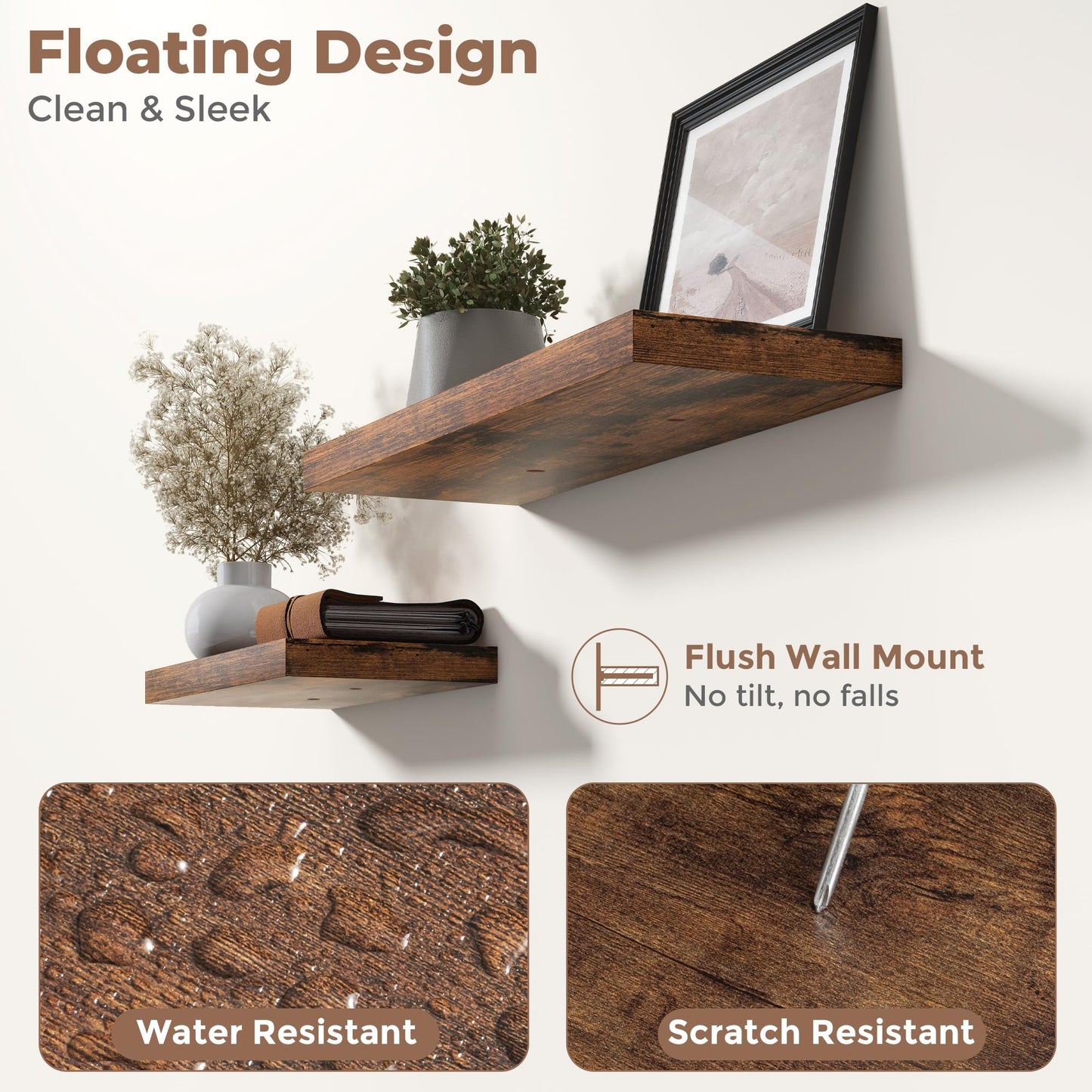 32 Inch Floating Shelves for Wall Set of 2, 8"D Wood Grain Bathroom Shelves with Invisible Brackets, Easy Install Engineered Wood Storage Shelves for Kitchen, Living Room, Bedroom, Rustic Brown Finish