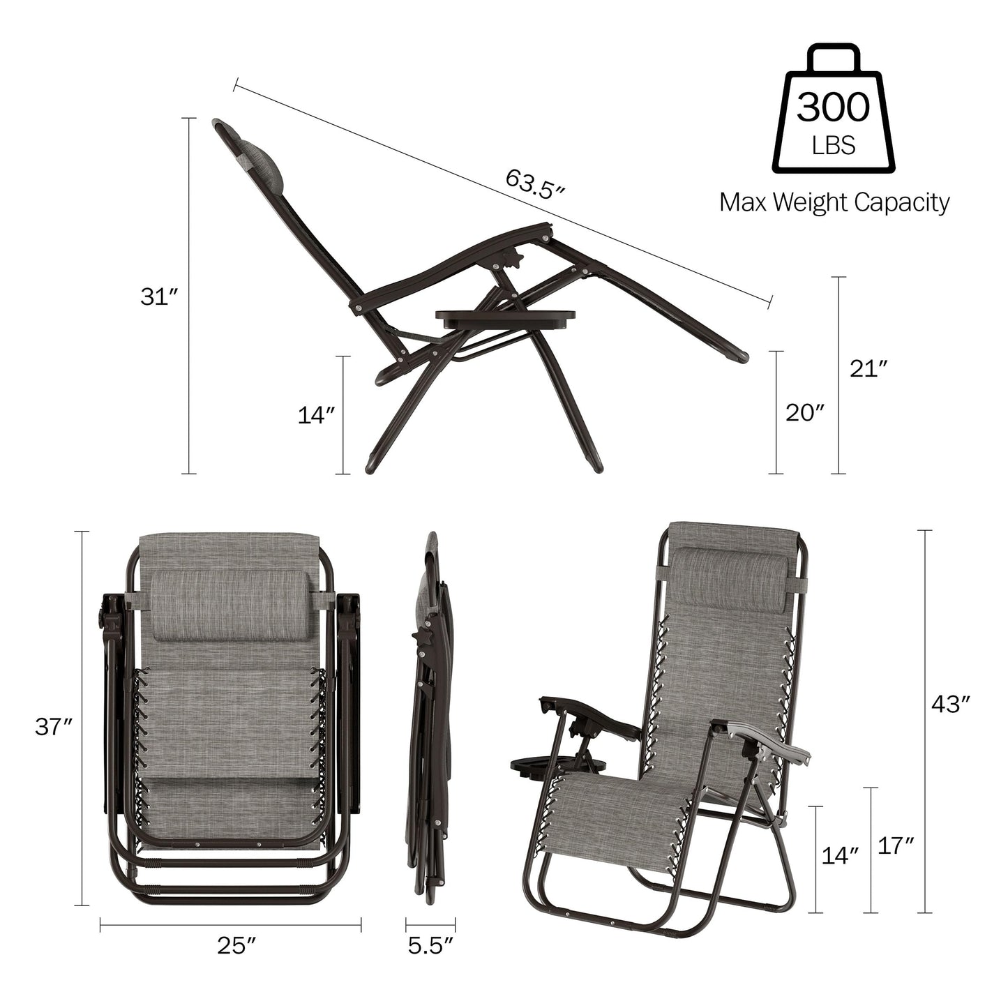 Lavish Home Zero Gravity Lounge Chairs- Set of 2- Gray Folding Anti-Gravity Recliners- Side Table, Cup Holder & Pillow-for Outdoor Lounging