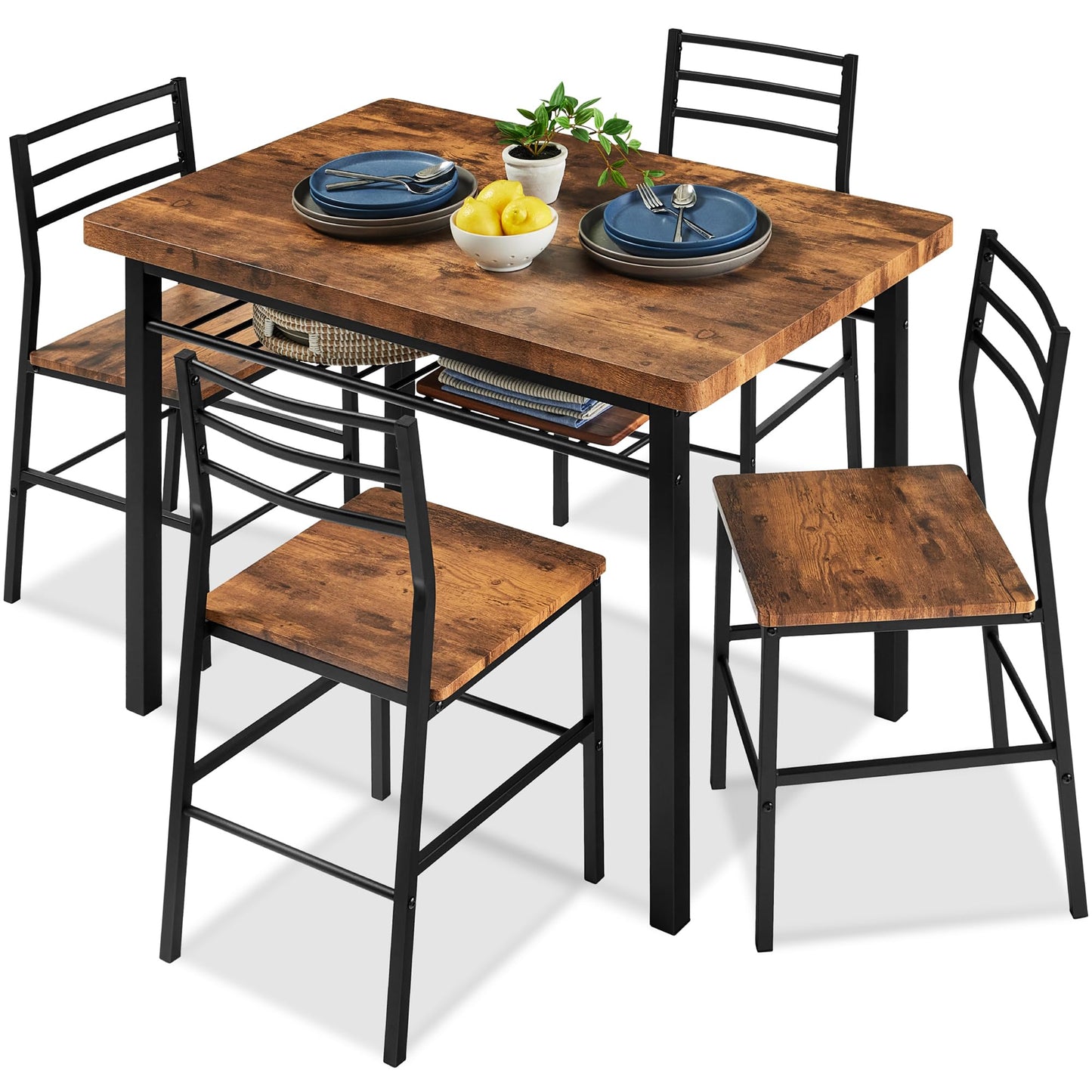 Best Choice Products 5-Piece Modern Dining Set W/Steel Frame, Space Saving Rectangular Kitchen Table W/ 4 Matching Chairs & Storage Rack for Apartments, Kitchens & Dining Rooms - Medium Brown/Black