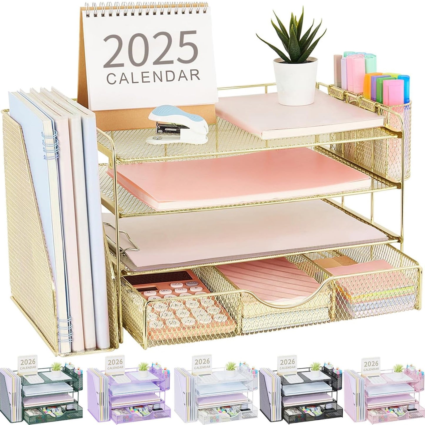 gianotter Desk Organizers and Accessories with File Holder, 4-Tier Desk Accessories & Workspace Organizers with Drawer and 2 Pen Holder, Paper Organizer for Office Supplies(Gold)